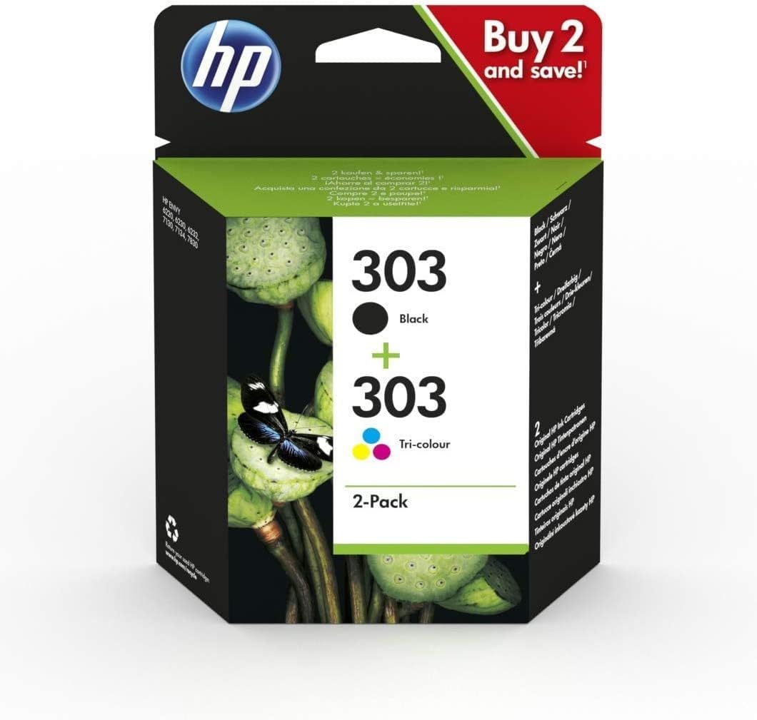 HP 303, Pack de 2 cartouches d'Encre Originales, 3YM92AE, Noir, Cyane, Jaune, Magenta