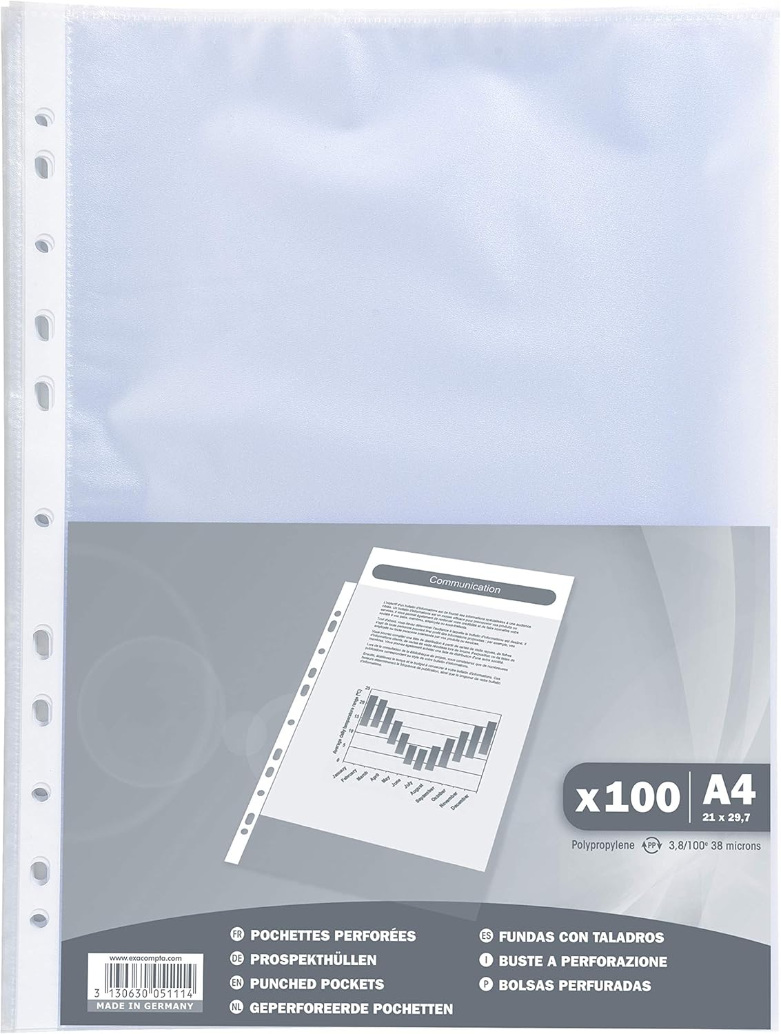 Exacompta - Réf. 5111E - Sachet de 100 pochettes perforées Economique en Polypropylène Grainé - Epaisseur 4/100ème - Perforation universelle 11 trous - Format à classer A4 - Incolore