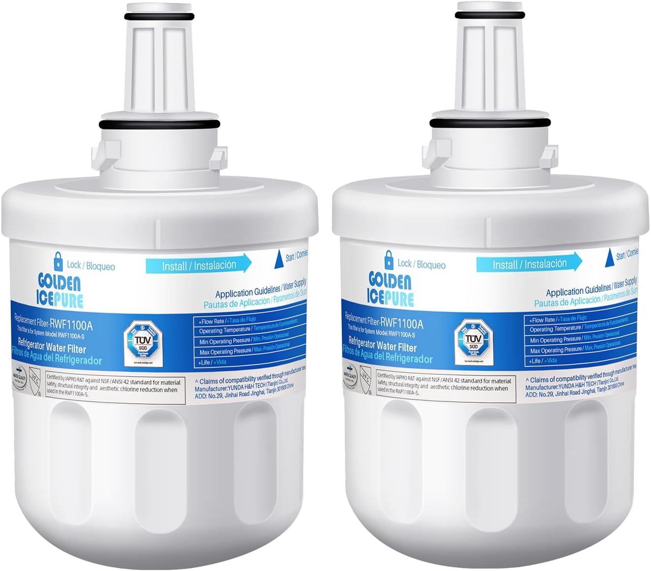 GOLDEN ICEPURE RWF1100A Lot de 2 filtres à eau de rechange pour Samsung Aqua Pure Plus DA29-00003G, DA29-00003F, HAFIN1, HAFIN1/EXP, DA29-00003B, DA29-00003A, DA97-06317A, RFC1100A