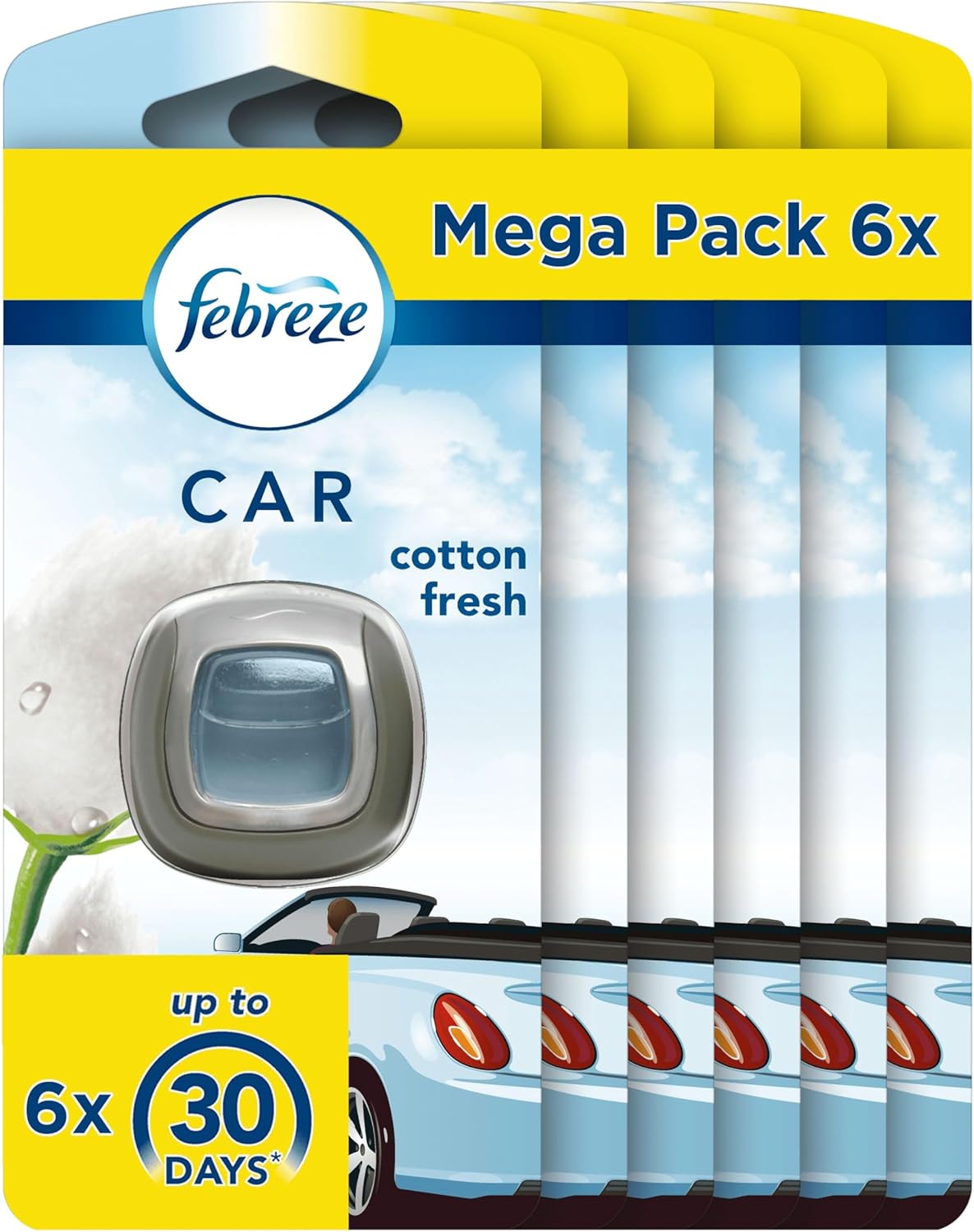 Febreze Désodorisant Voiture Pureté de Coton, Mega Pack de 6, Élimine les Odeurs Persistantes avec Technologie OdourClear, Durée Jusqu'à 30 Jours par Diffuseur