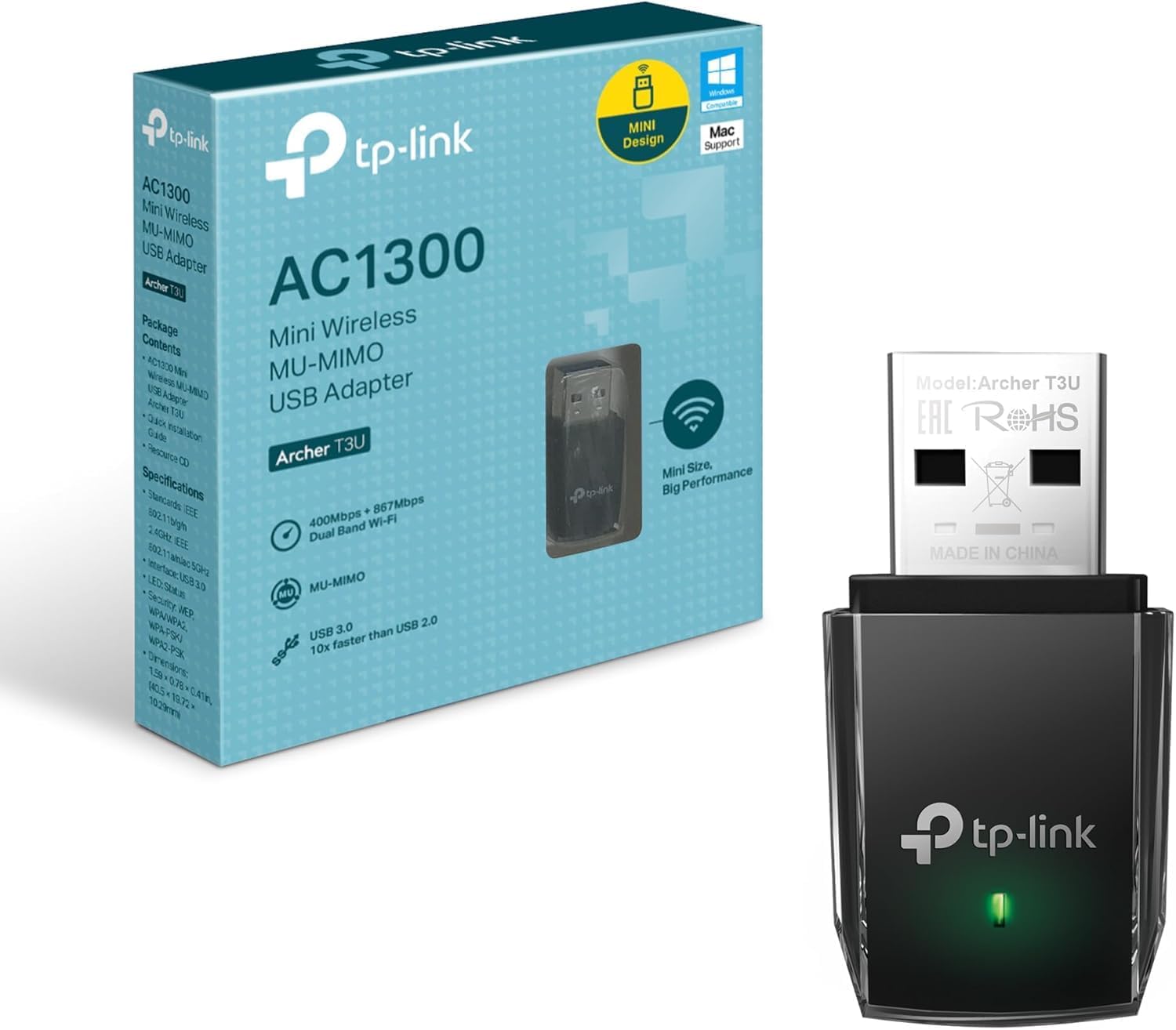 TP-Link Clé WiFi Puissante AC1300 Mbps, Adaptateur USB WiFi, dongle WiFi, USB 3.0 Double Bande, 2.4G / 5GHz, MU-MIMO, Compatible avec Windows 11/10/8.1/8/7/XP, Mac OS X, Archer T3U
