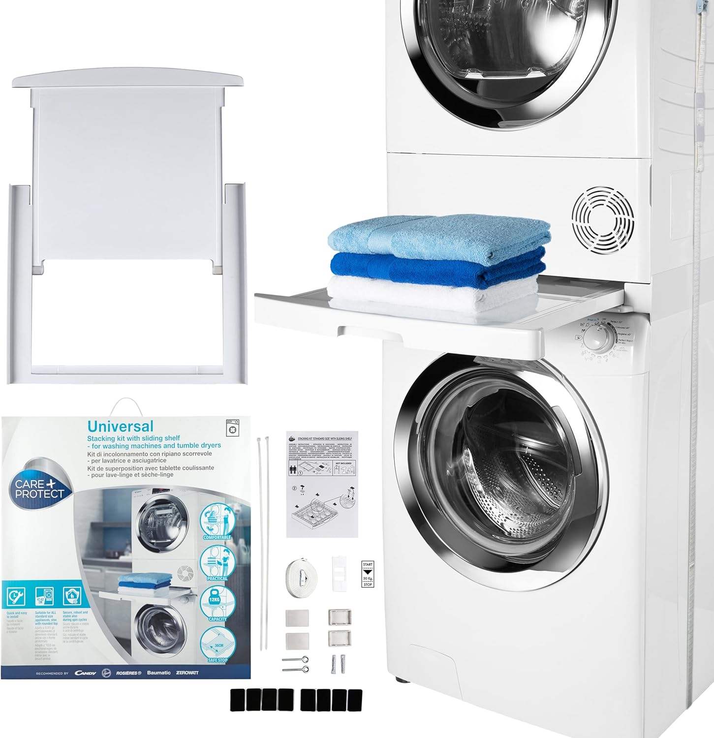 CARE+PROTECT Kit de Superposition Universel pour Lave-Linge de Profondeur 47 à 62 cm et Sèche-Linge de Taille Standard - Avec Tablette Coulissante - Optimise l'espace - Blanc - Devant Arrondi