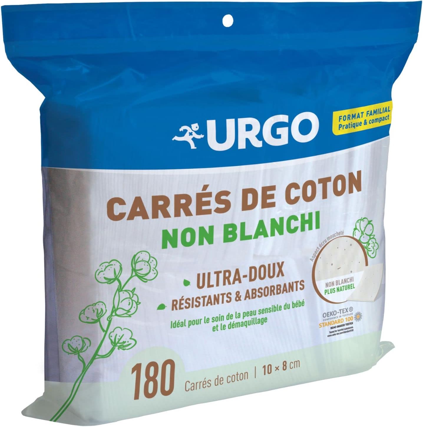 Urgo - Carrés de coton - Ultra-doux Absorbants - Coton de qualité certifiée OEKO-TEX® Non Blanchi - 180 unités