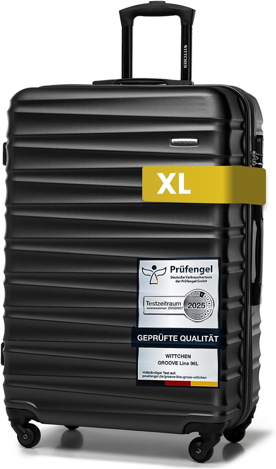 WITTCHEN Valise Grande Taille Valise de Voyage à roulettes Coque Rigide ABS 4 roulettes Spinner Serrure à Combinaison Poignée télescopique Groove Line Taille XL Noir Air France/Easyjet/Ryanair