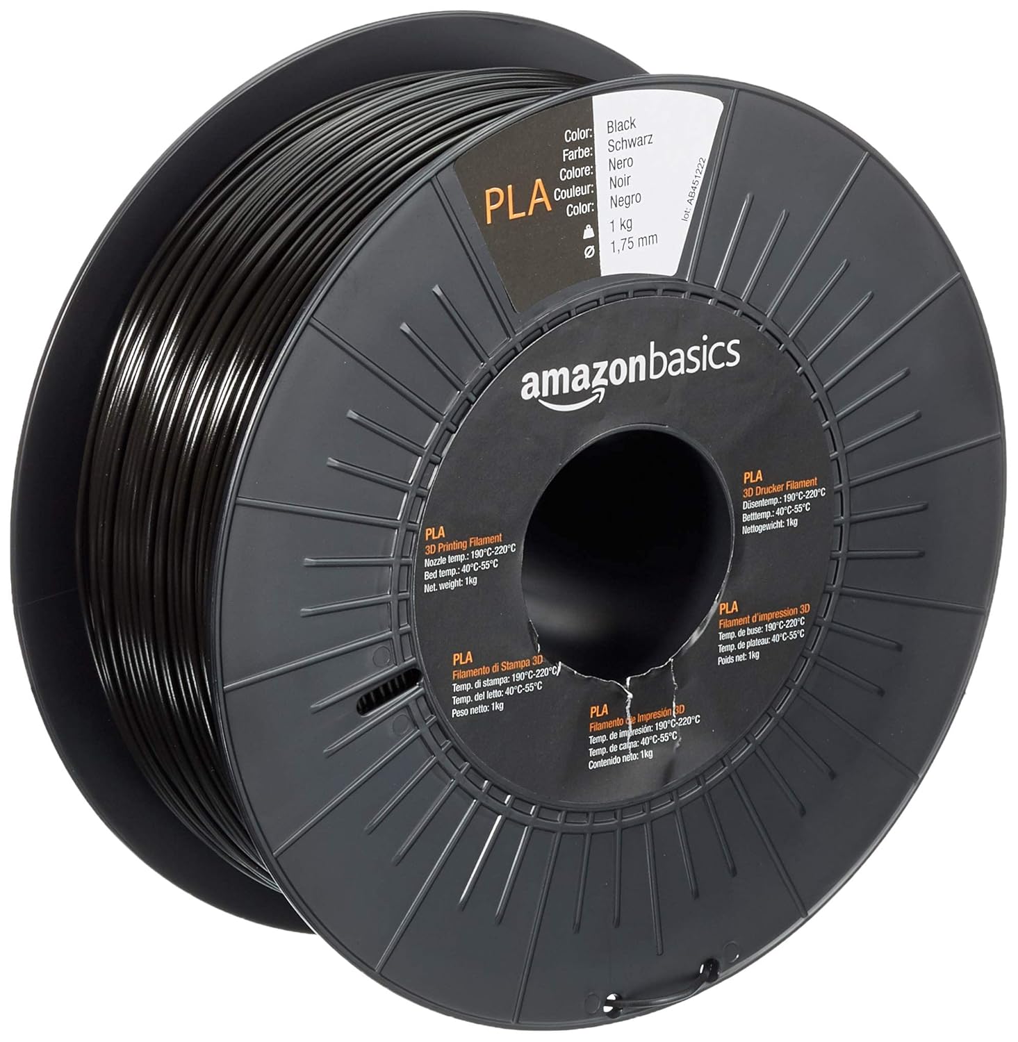 Amazon Basics Filament PLA pour imprimante 3D, 1.75 mm, Noir, Bobine, 1 kg, 1 Spool