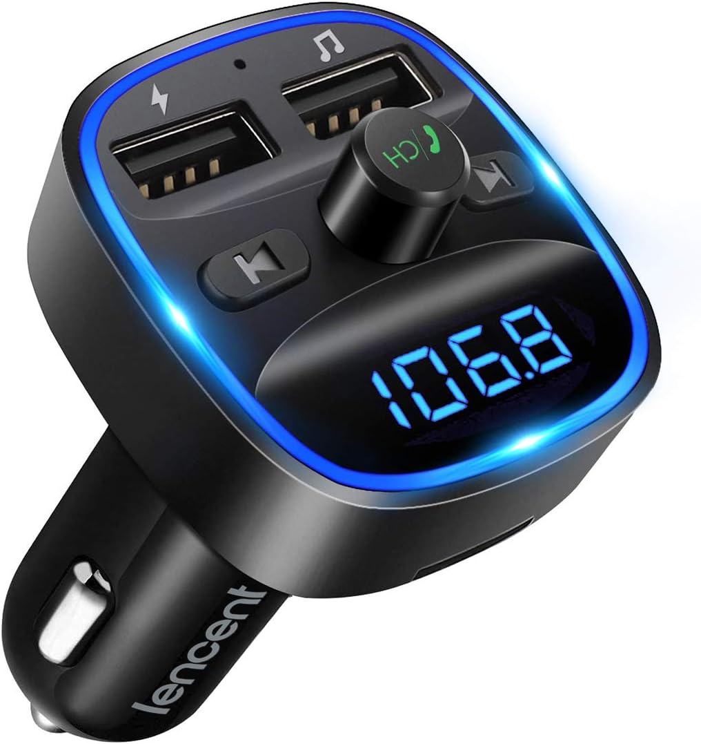 LENCENT Bluetooth Voiture, Transmetteur FM Lecteur MP3 Adaptateur Radio sans Fil Kit, Émetteur FM Voiture Chargeur pour Appel Mains Libres avec 2 USB Port 5V/2.4A1A, Support Carte SD/Clé USB (Noir)