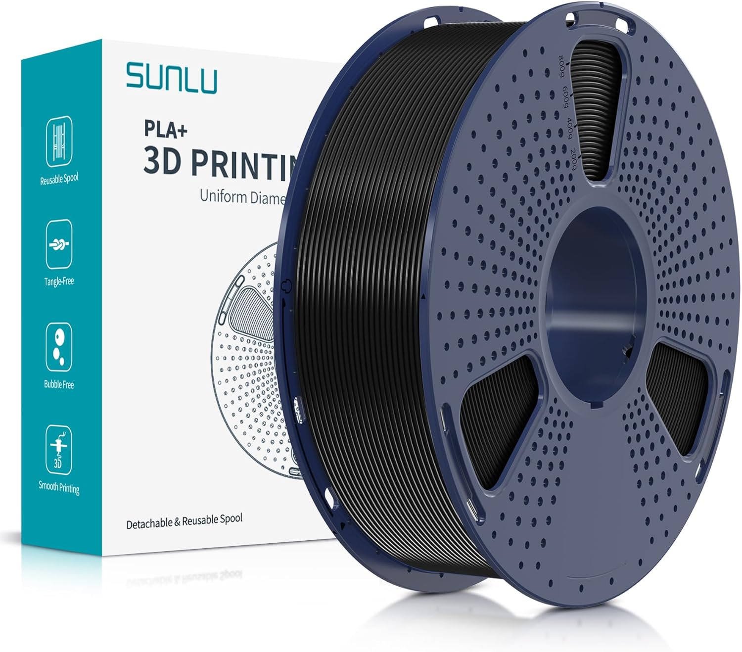 SUNLU PLA Plus Filament pour imprimante 3D, Filament PLA+ 1,75 mm, résistance améliorée, compatible avec les imprimantes 3D FDM, précision dimensionnelle +/- 0,02mm, bobine de 1kg (2,2 LBS), Noir