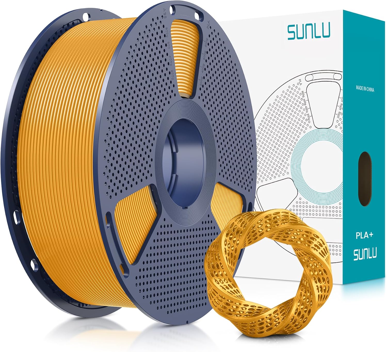 SUNLU SUNLU Filament PLA Plus 1,75 mm pour imprimante 3D FDM, précision dimensionnelle +/- 0,02 mm, bobine de 1 kg (2,2 lb), doré, plaque + or de 1 kg