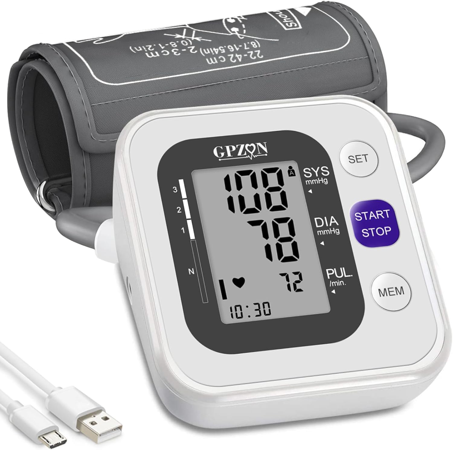 GPZON Tensiomètre Électronique Professionnel Pour Le Haut du Bras, Manchette ajustable 22cm-42cm, Mémoire 2x120, Blanc