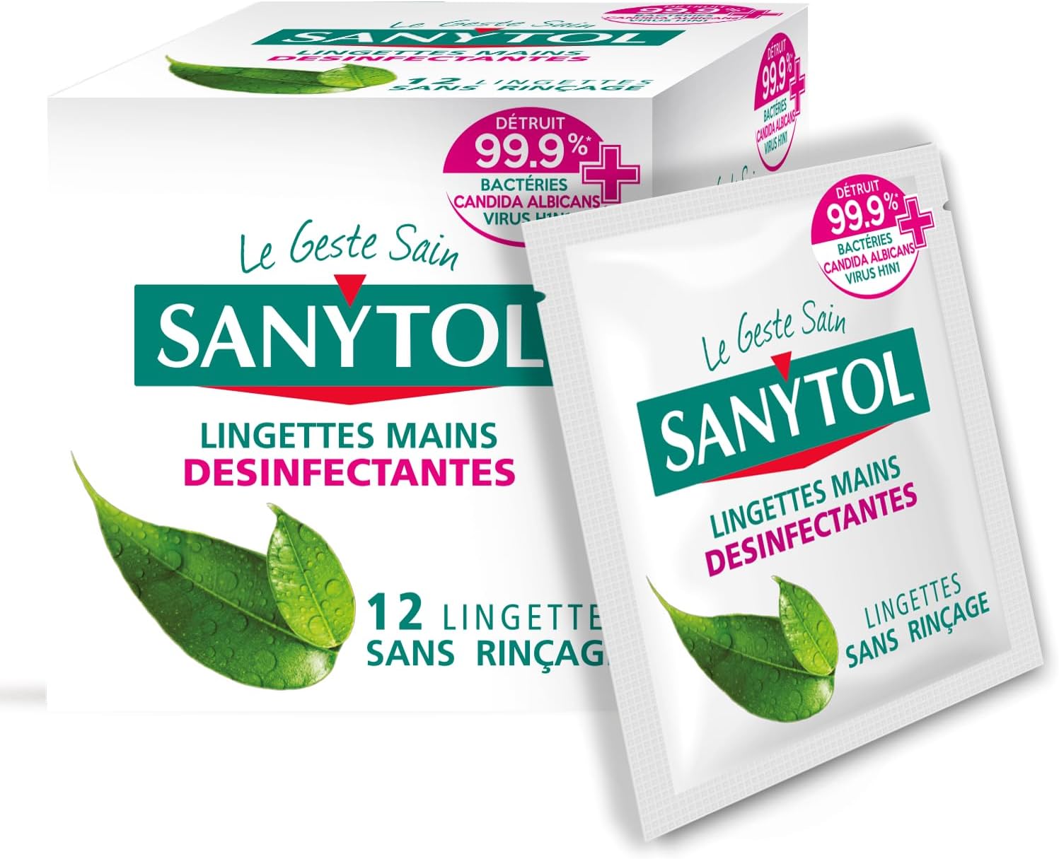 Sanytol - Lingettes Désinfectantes Individuelles Mains - Bactéricide, Virucide, Fongicide - Sans Rinçage - Parfum Thé Vert - Étui Individuel - x 12