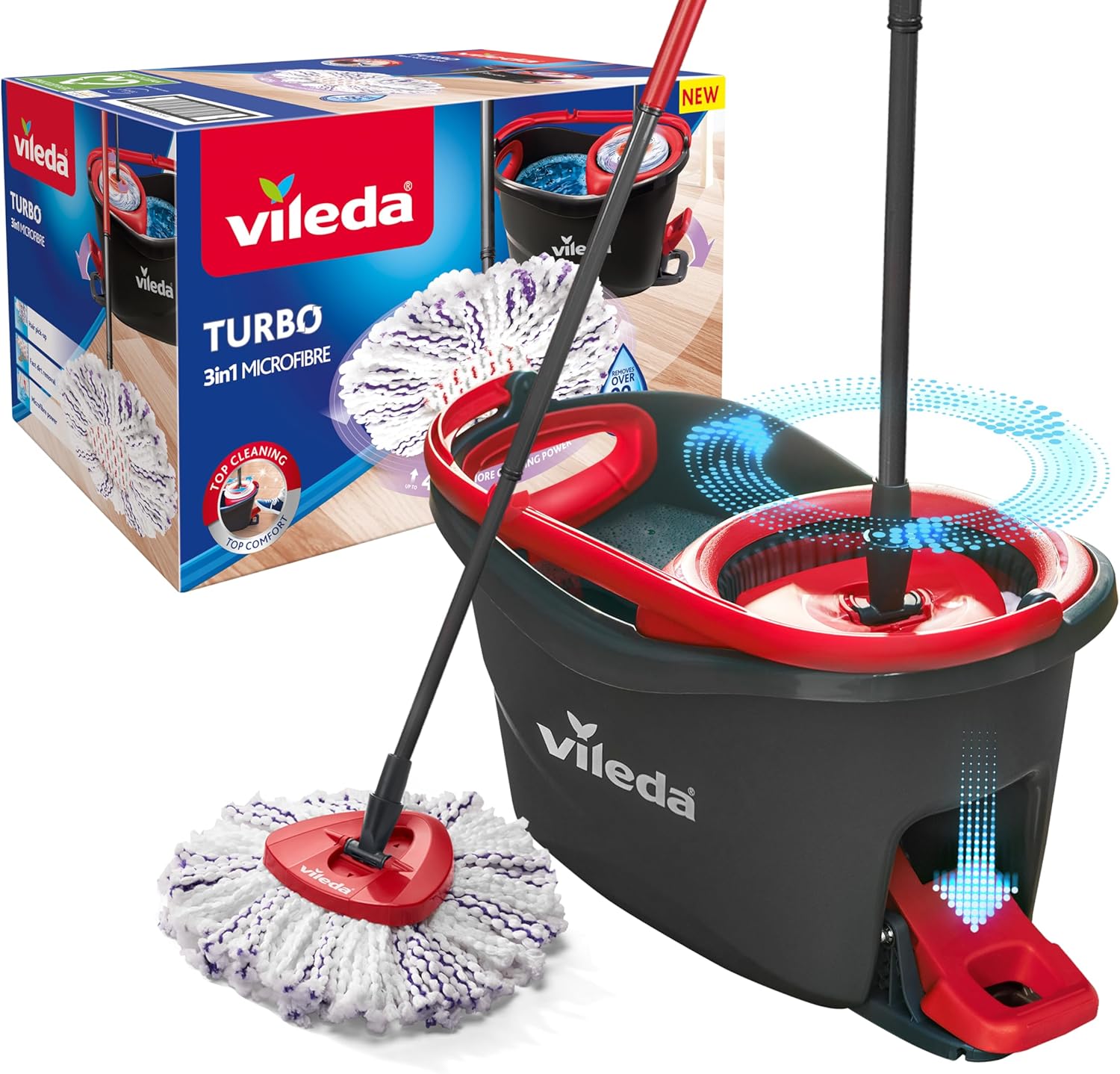 Vileda Turbo 3en1 - Kit Complet Lavage Sol, Manche télescopique 85-123 cm, Balai à système Rotatif avec Seau à pédale, Nouvelle génération de Pad Microfibres 3en1, système de Nettoyage Durable