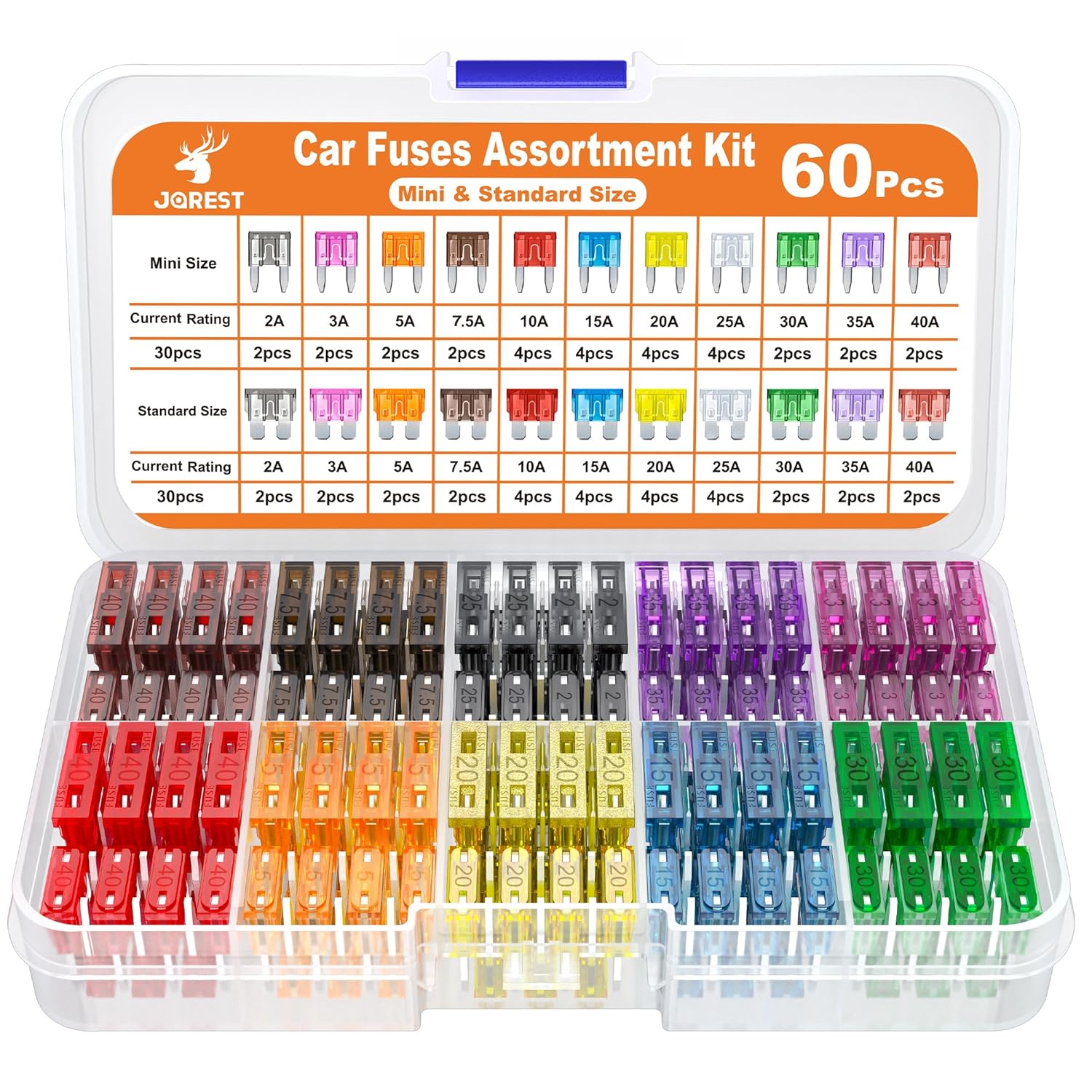 JOREST 60Pcs Fusible Voiture Set pour Voiture/RV/Camion/Moto (2A 3A 5A 7.5A 10A 15A 20A 25A 30A 35A 40A) -30 Mini Fusible Auto + 30 Moyenne Fusible Automobile + 1Extracteur