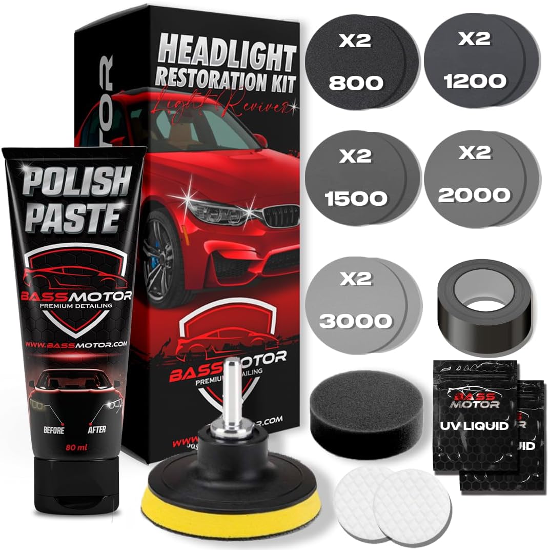 BassMotor Kit Complet pour polir les phares ternes et usés pour la restauration de voiture - Ensemble pour nettoyer et poncer pour le contrôle technique et améliorer la visibilité et la sécurité