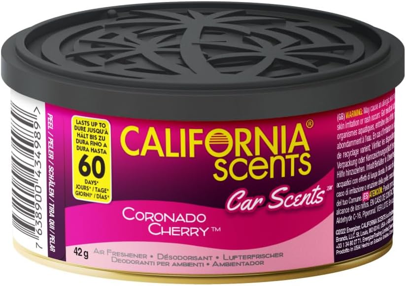 California Scents, Boite de Parfum Voiture, Lot de 4 Désodorisants Voiture Parfum Cerise Coronado, Accessoire Voiture pour Éliminer Les Odeurs, Senteur Longue Durée et Ajustable