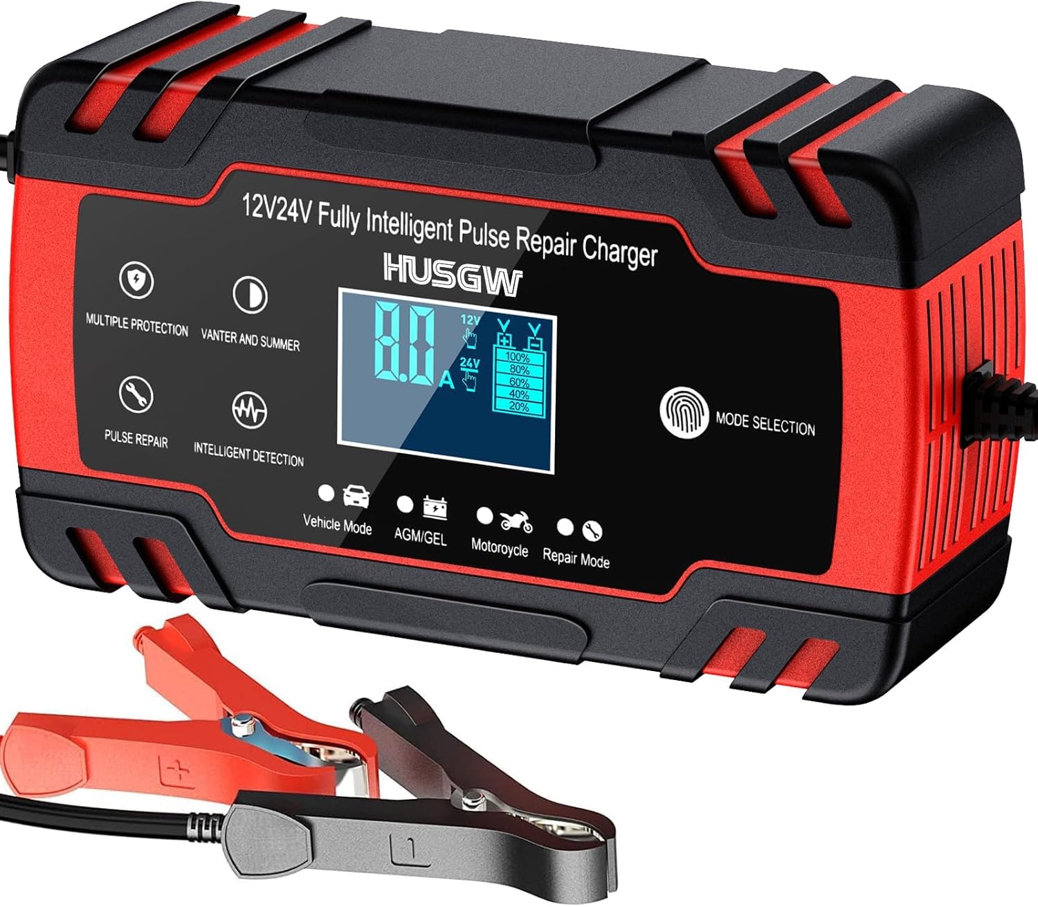 Husgw Chargeur Batterie Voitures 12V/24V 8A, Chargeur de Batterie Intelligent Moto avec Fonction Réparation, Maintien de Charge Auto, Écran LCD, pour Voiture Moto Camion, AGM, Gel, Wet, SLA (8-100 AH)