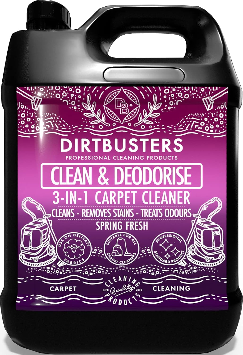 Dirtbusters Nettoyant Désodorisant Professionnel Concentré 3 en 1 pour Tapis Tissus - Neutraliseur d’Odeur, Parfum Printemps Frais, Shampooing des Moquette Machines Lavant par Extraction, 5L
