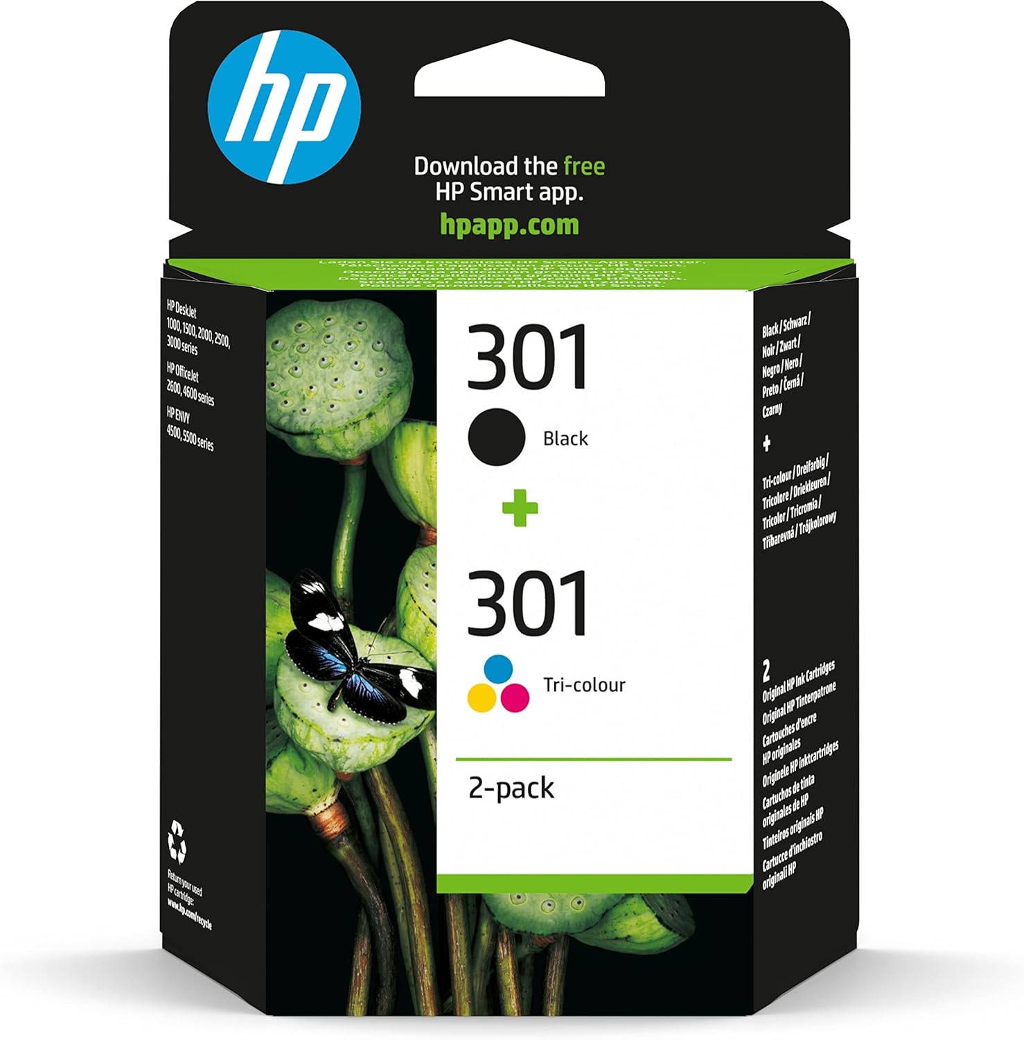 HP 301 Pack de 2 Cartouches d'Encre Noire et Trois Couleurs Authentiques (N9J72AE)