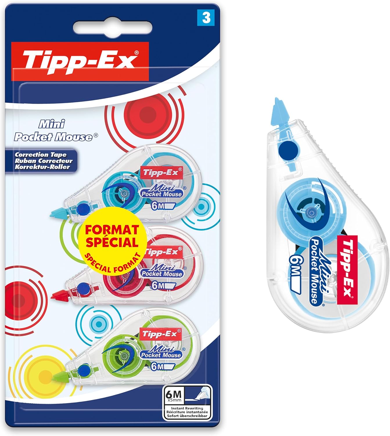 Tipp-Ex Mini Pocket Mouse Rubans Correcteurs 6 m x 5 mm - Couleurs Fantaisies Assorties, Blister Format Spécial de 3