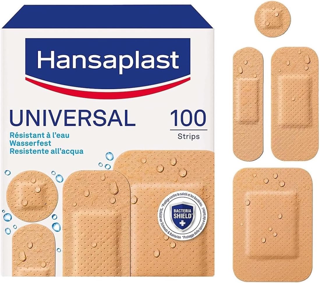 HANSAPLAST UNIVERSAL - 100 Pansements Prédécoupés - Résistants à l'Eau et à la saleté - Pansements Couleur Chair - 4 Formats Assortis : 58 Petits, 10 Moyens, 4 Grands, 28 Ronds