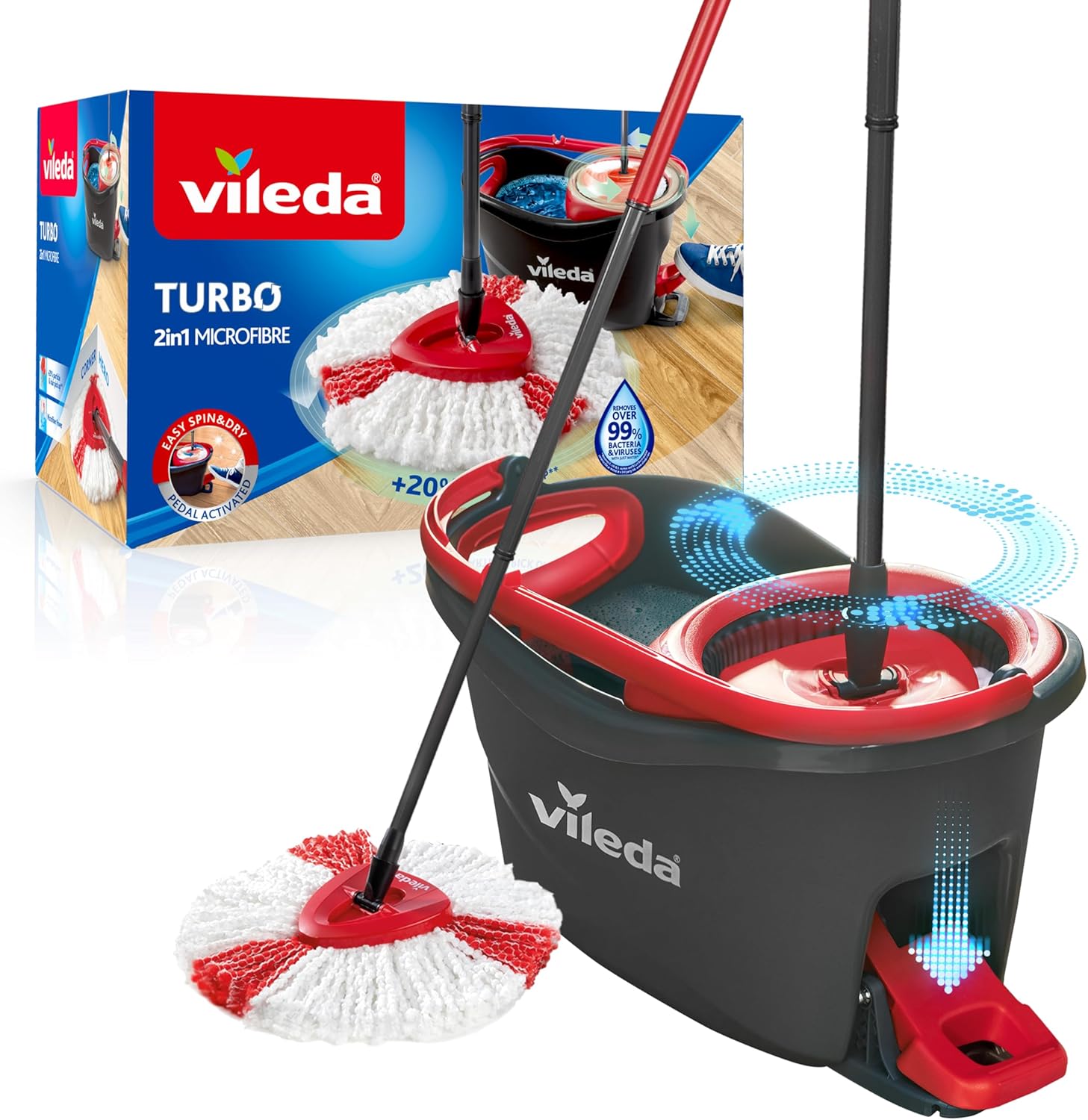 Vileda Turbo Balai avec Seau à pédale, Manche télescopique 85-130 cm, Balai à Franges avec essoreur Rotatif, Franges en Microfibres 2en1, Balai et Seau à pédale Gris