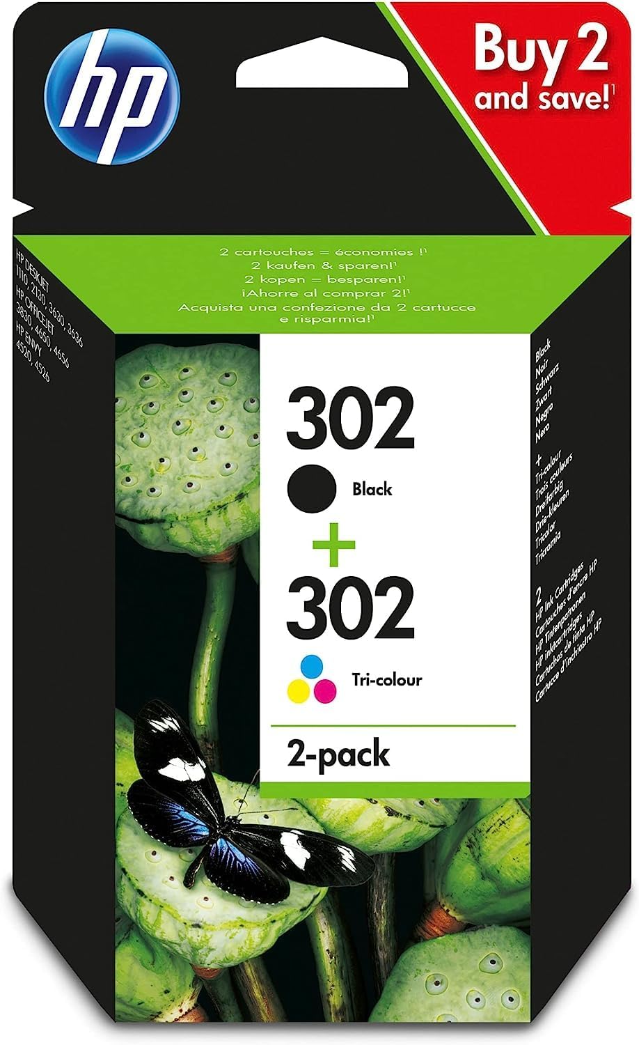 HP 302, Pack de 2 cartouches d'Encre Originales, X4D37AE, Noir, Cyane, Jaune, Magenta