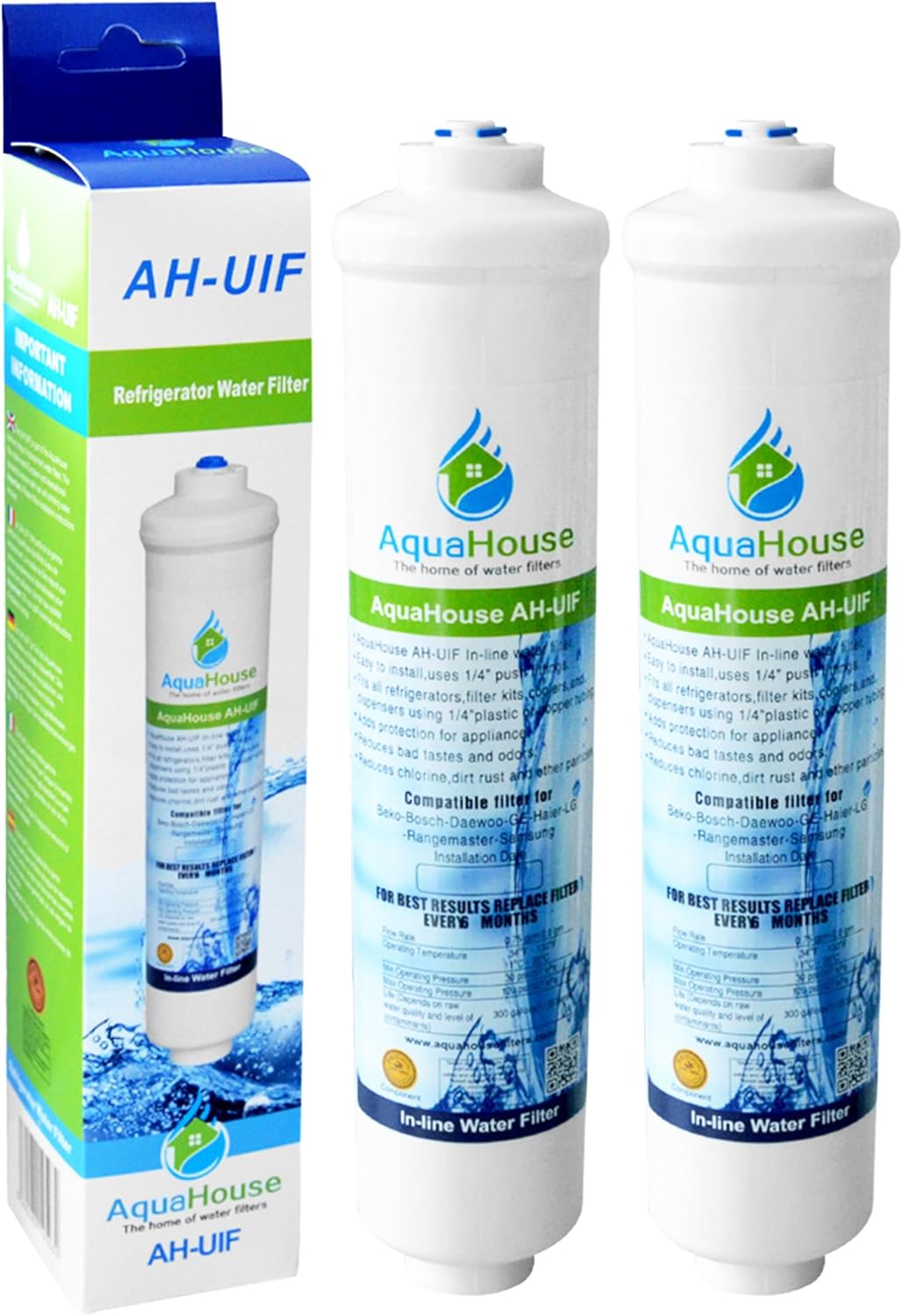 2x AquaHouse AH-UIF Compatible Filtre à eau pour réfrigérateur Samsung DA29-10105J, LG 5231JA2010B, Haier 0060823485A (Remplace les filtres externes uniquement)