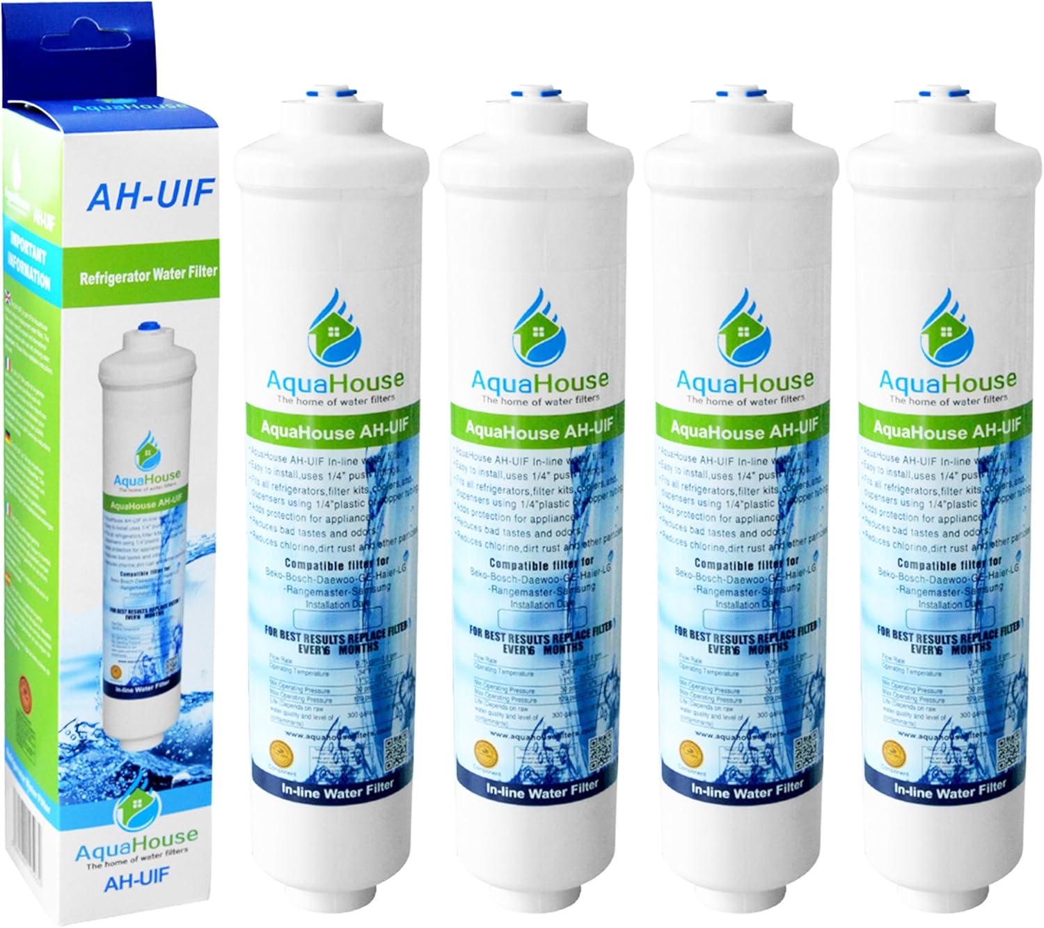 4x AquaHouse AH-UIF filtre à eau compatible pour réfrigérateur Samsung DA29-10105J, LG 5231JA2010B, Haier 0060823485A (avec filtres externes uniquement)