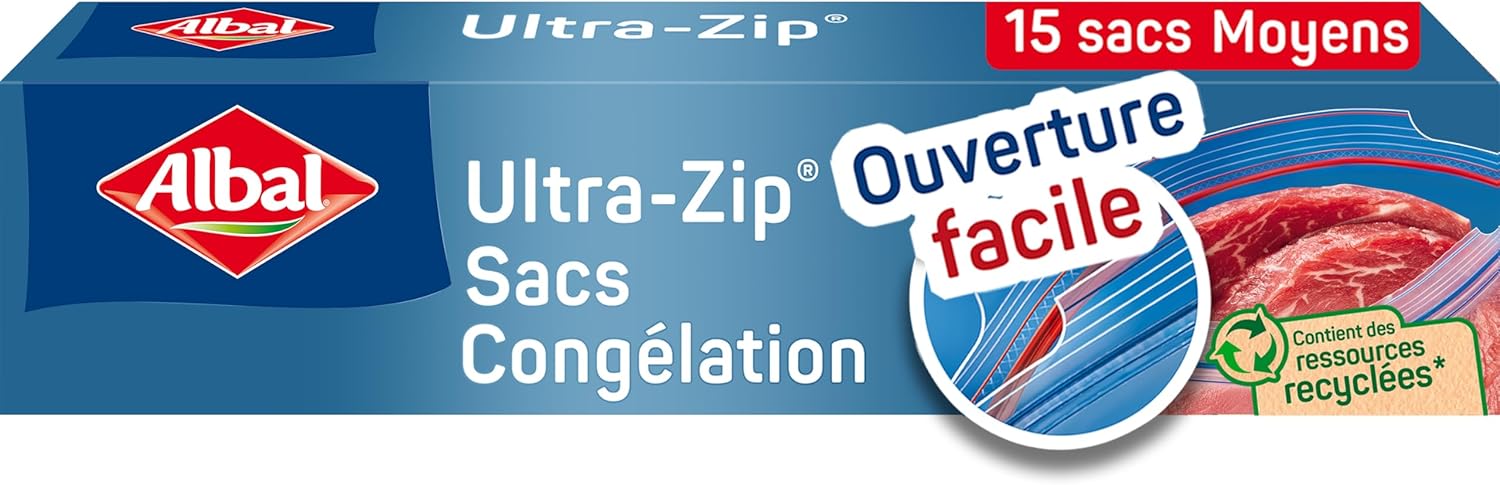 ALBAL Sacs Congélation Ultra Zip (15 x 3 L), Fermeture Zip, Sachets alimentaire résistants pour conserver et congeler