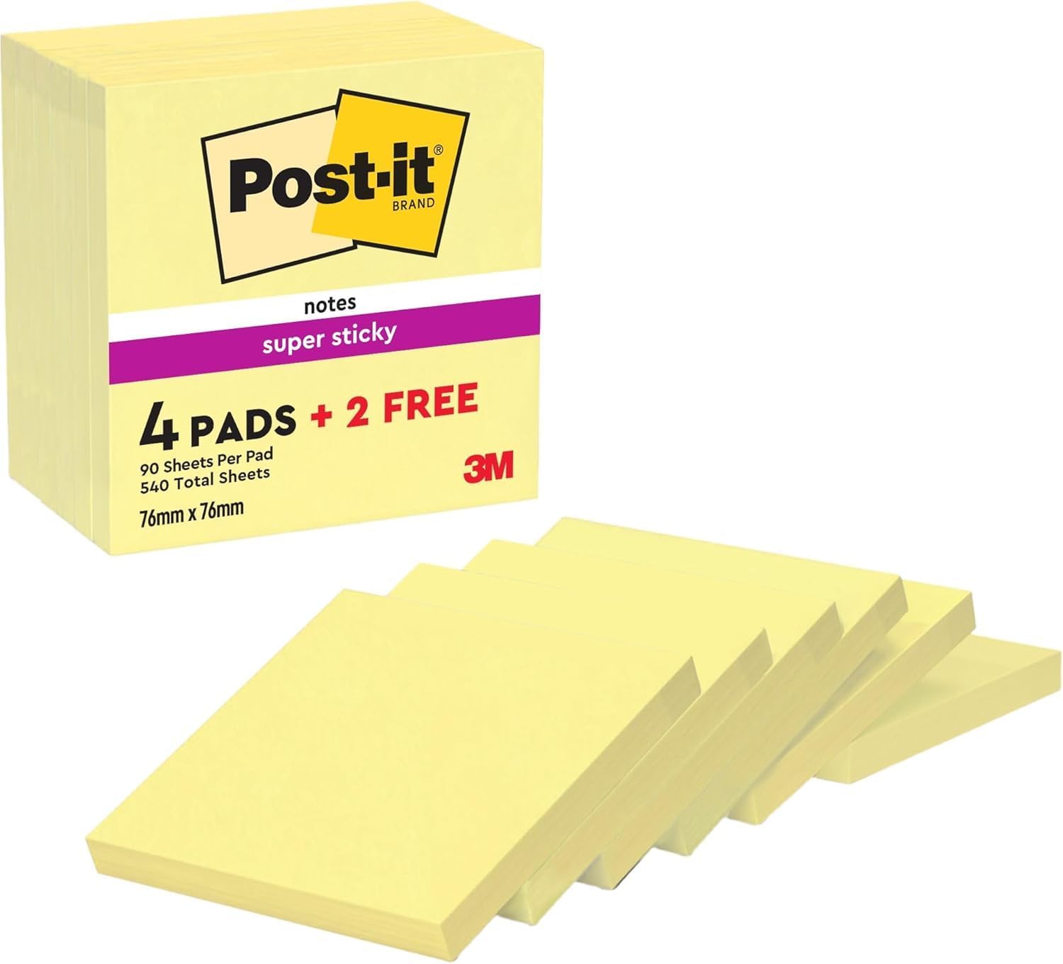 Post-it Notes Autocollantes Super Sticky, 4 Blocs + 2 GRATUITS, 76 mm x 76 mm, 90 Feuilles par Bloc, Jaune Canari - Feuillets Super Adhésifs pour Prise de Notes, Listes de Tâches et Rappels