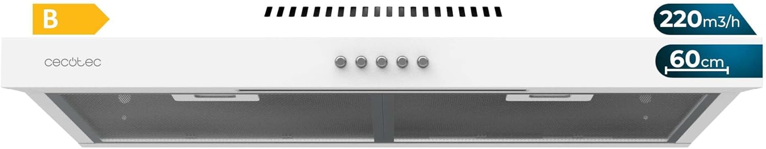 Cecotec Hotte Aspirante 60cm Wide Bolero Flux CM 602200 White B. Suction Power 220m3/h, 70W Motor, Low Consumption, Mechanical Control, 3 Power Levels, White Finish