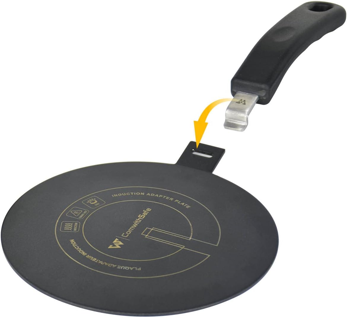 Adaptateur Induction 24 cm avec Poignée Amovible Isolante - Ne CHANGE PAS de COULEUR après utilisation -Plaque Diffuseur de Chaleur avec Revêtement Haute Température Noir- Disque Relais Induction/gaz
