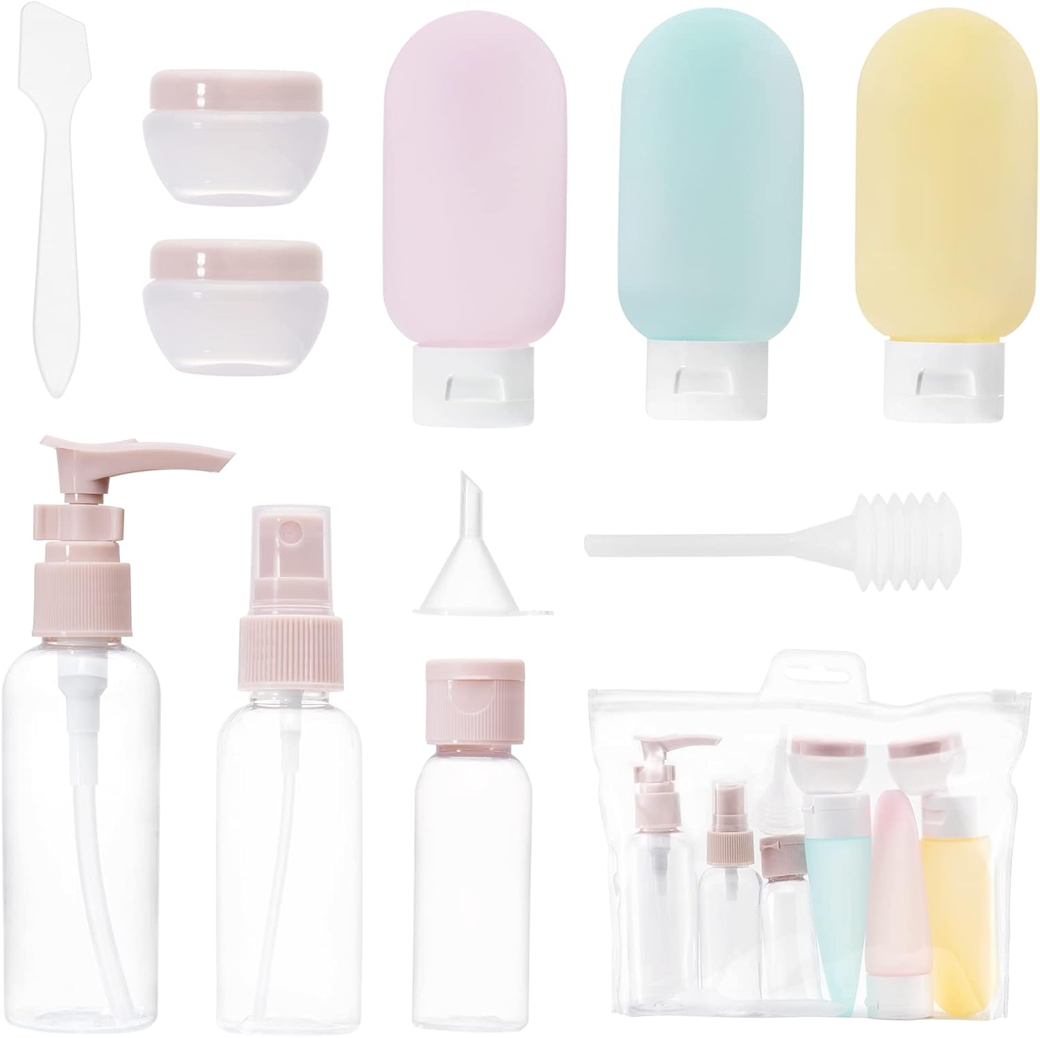 Carehabi Lot de 11 Flacon Voyage kit, Contenant de Voyage à Remplir 30/50/60/80ml, Flacons Pulvérisateurs Vides Transparents, Petite Boîte de Crème, Distributeur à Pompe Shampoing Accessoire Avion