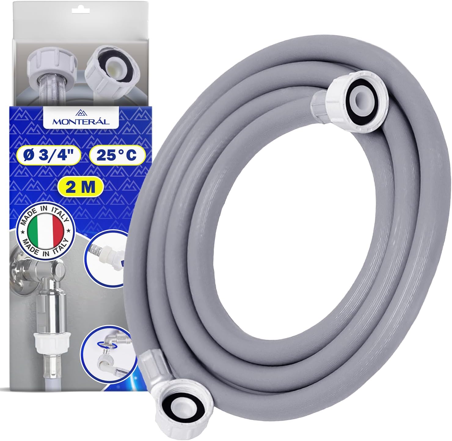 Tuyau Machine à Laver et Lave Vaisselle 2 m pour Arrivee Deau pour Températures de 25°C Pression de 20 à 60 Bar Connexion est Droite et Coudée Ø 3/4" - MADE IN ITALY - MONTERAL