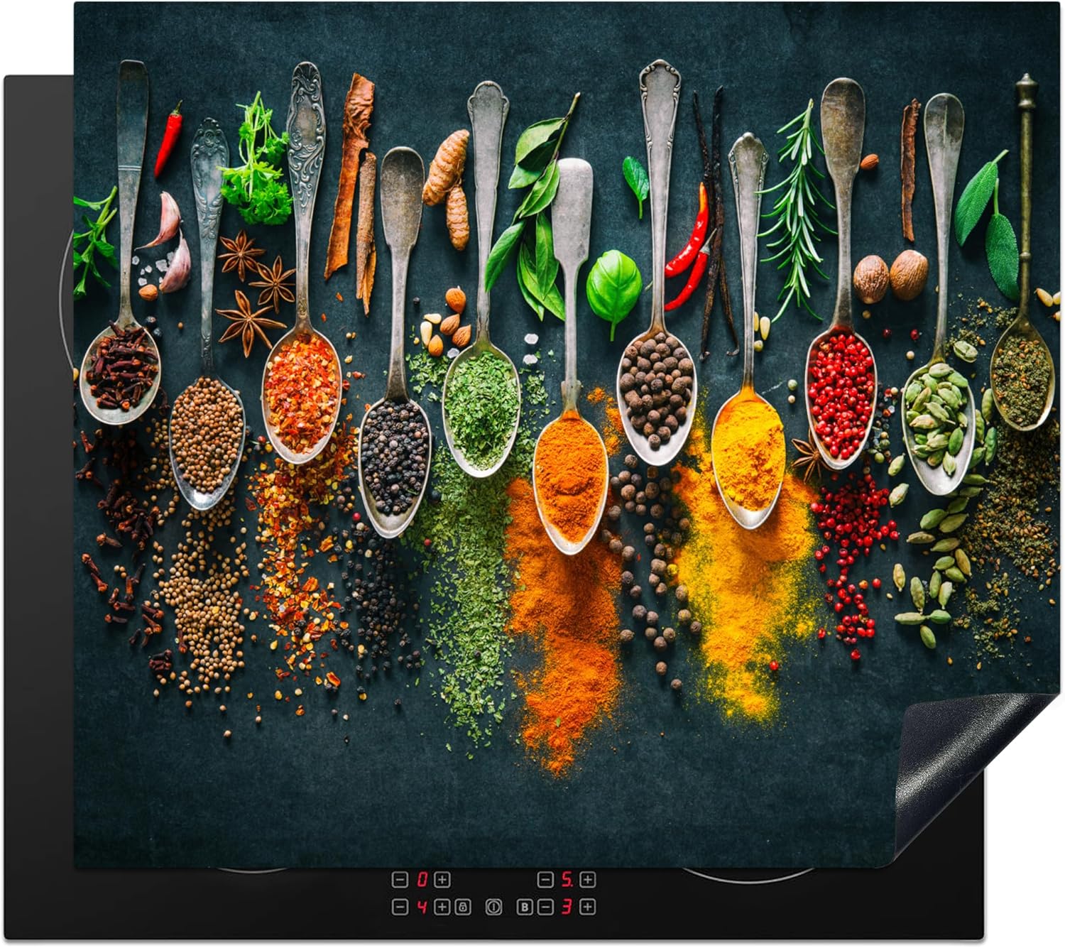 KitchenYeah© Protege Couvre Plaque De Cuisson Décoration Cuisine Tapis Protection Protecteur Induction 59x52 cm Herbes - Epices - Cuillères