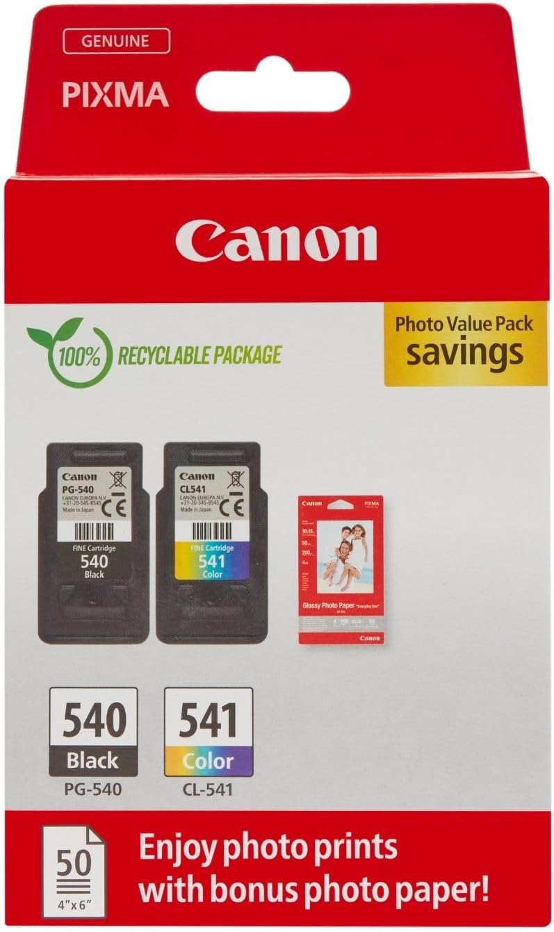 Canon Pack Encre & Papier - PG-540/CL-541 Cartouches d'encre Authentiques pour imprimante - 2 Packs (1 x Noir, 1 x Couleur) & Papier Photo 4x6 (50 x Feuilles)