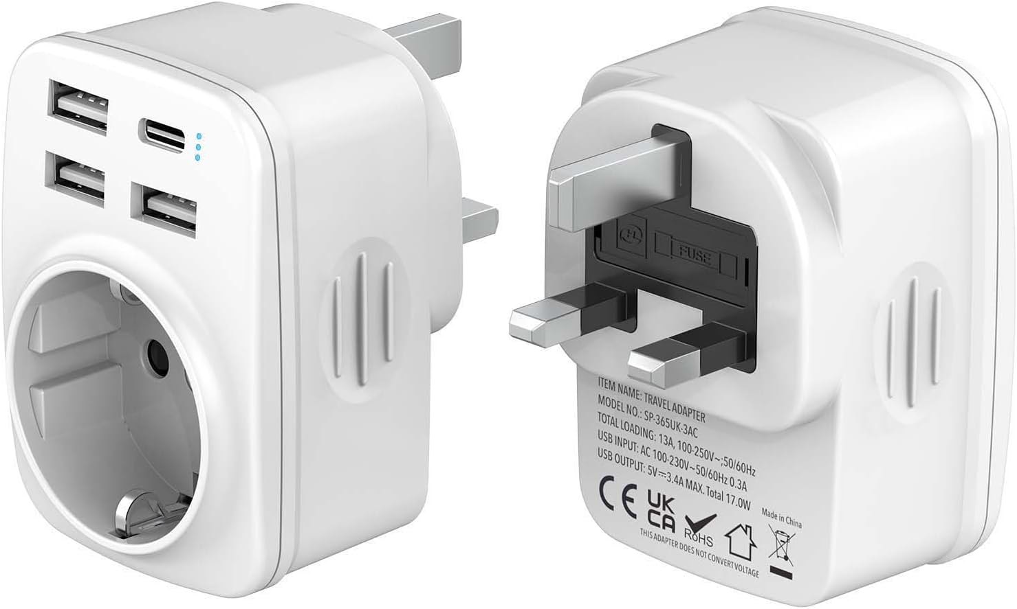 Hoppac Adaptateur Prise Anglaise, Prise Anglaise Adaptateur Francais Avec 3USB A et 1USB C,Adaptateur Voyage Multifonction 5 en 1 Prise Anglaise/UK vers France Pour UK,L'Irlande,Singapour,Dubai,Type G