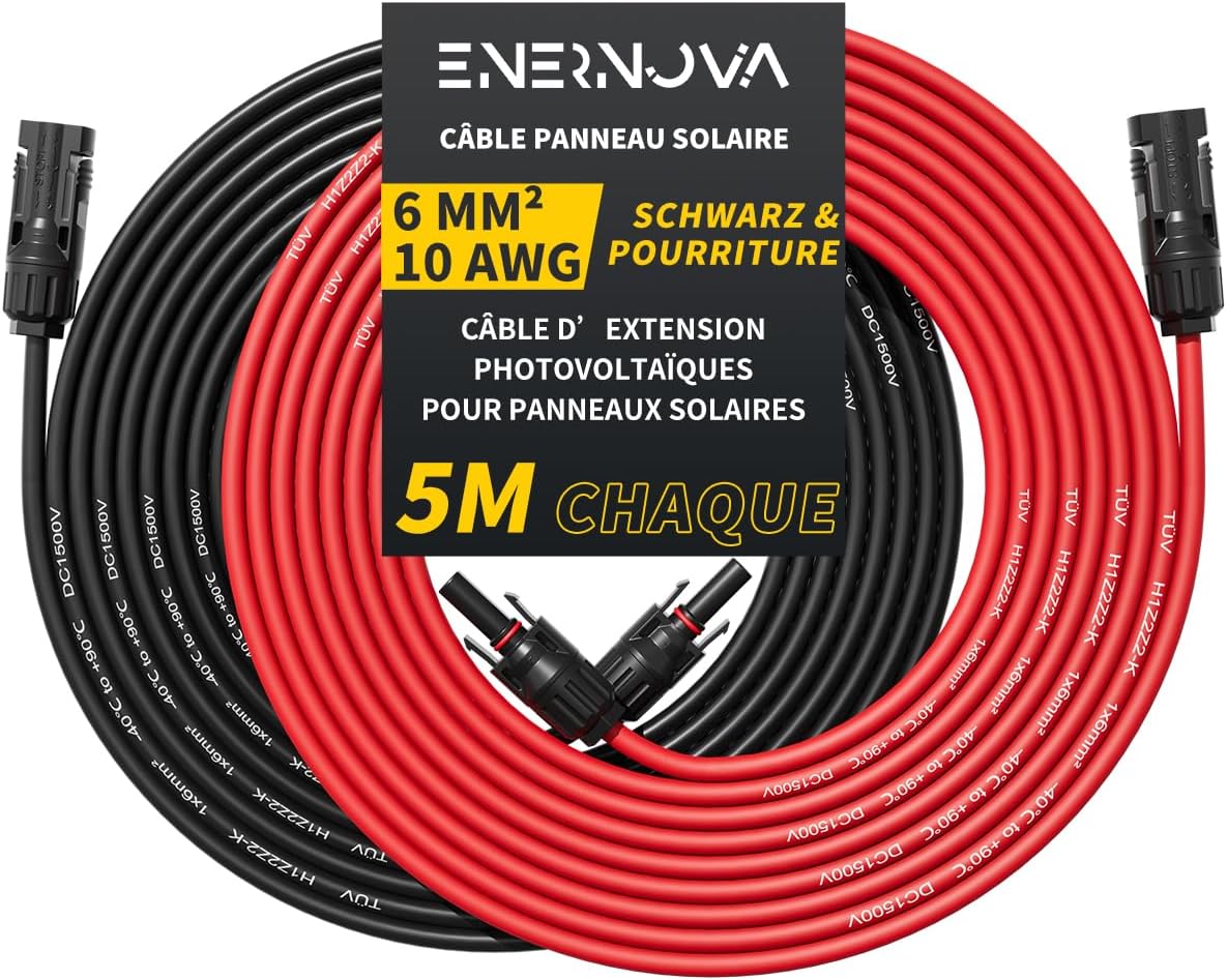 enernova Câble solaire 4 mm²/6 mm², rallonge de câble solaire 1/2/3/5/8/10/12/15/18/20 m, multi-contact 4, étanche IP67, câble d'extension (6 mm² 5 m)