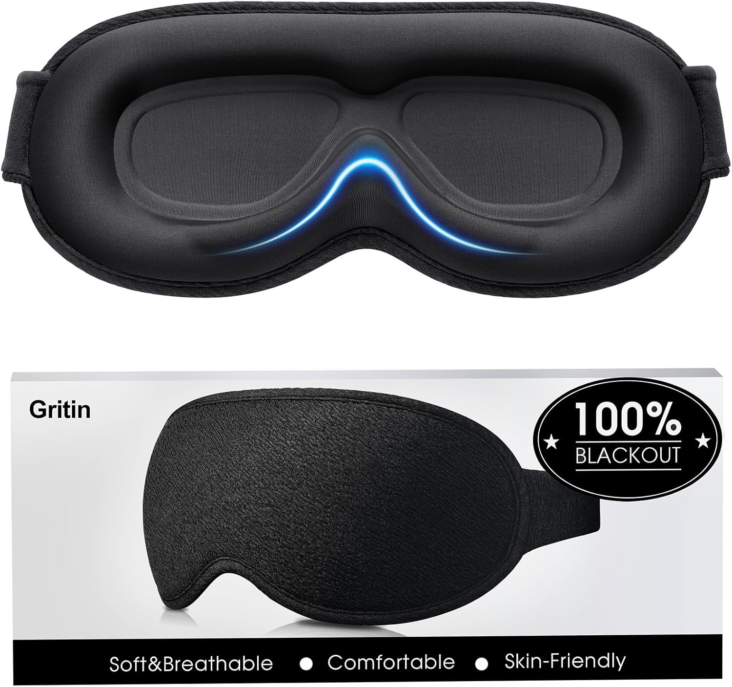 Gritin Masque de Nuit 100% Occultant pour Hommes & Femmes, Masque de Sommeil Zero Pression Design Ergonomique 3D,Conviviale pour Mouvements des Cils&Yeux,Cache Yeux Ultra Doux&Confortable pour Dormir