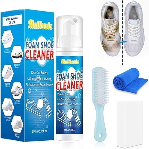 Nettoyant Sneakers, Kit Nettoyage Sneakers, Mousse de Nettoyant Chaussure 200 ml avec Brosse, Serviette et éponge, Kit Nettoyage Chaussure Pour Enlever Les Taches et La Saleté, Sneaker Cleaner