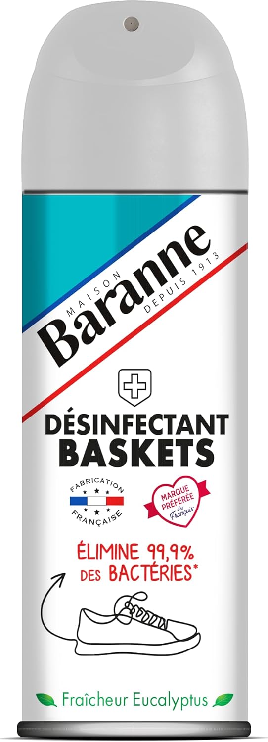 Baranne - Désinfectant Baskets | Élimine 99,9% des Bactéries | Fraîcheur Eucalyptus | Assainit Chaussures de Ville & Sport | Fabriqué en France | Aérosol 150ml