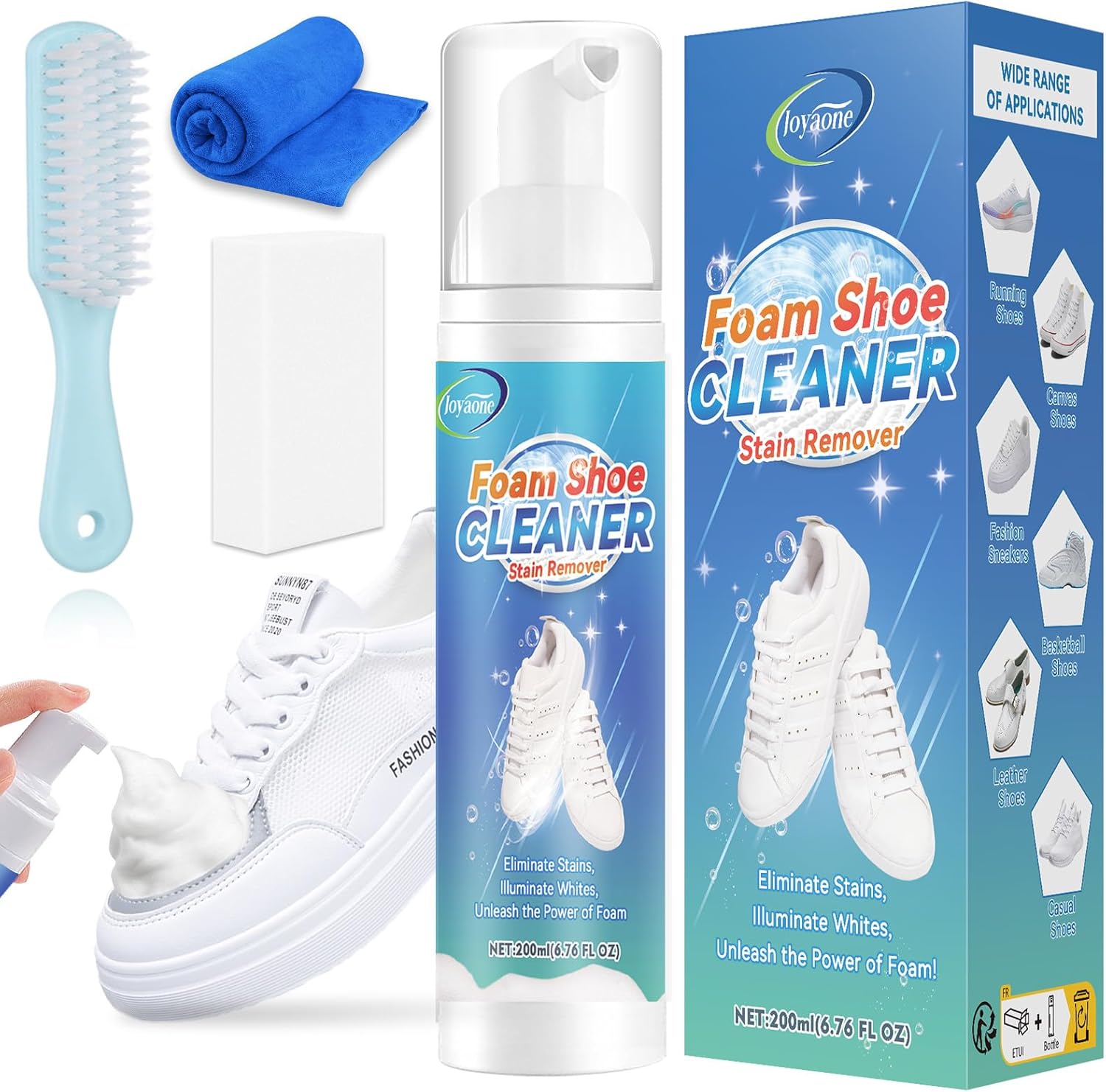 Ready Foam Nettoyant pour Chaussures Blanc avec Brosse et Serviette - Kit de Nettoyage Doux pour Baskets en Toile, Cuir, Tricot (200ml)