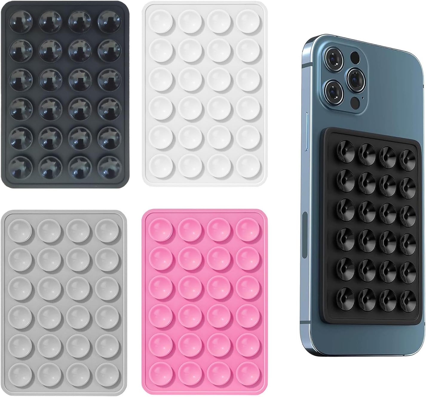iLamvie Pack de 4 ventouses en Silicone pour Tous Les modèles de téléphones, Support de téléphone antidérapant pour Selfies et vidéos, Mains Libres, Durable et Facile à Utiliser(Noir,Blanc,Gris,Rose)