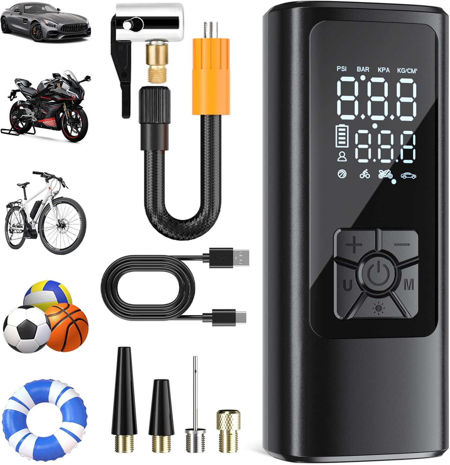 HOVVIDA Compresseur à Air Portatif, Gonfleur Pneus Voiture sans Fil, 150 PSI (10,3 Bar), Gonfleur Electrique, Pompe a Velo, Inflation Rapide, Arrêt Automatique, LED, pour Voiture, Moto, Vélo, Ballon