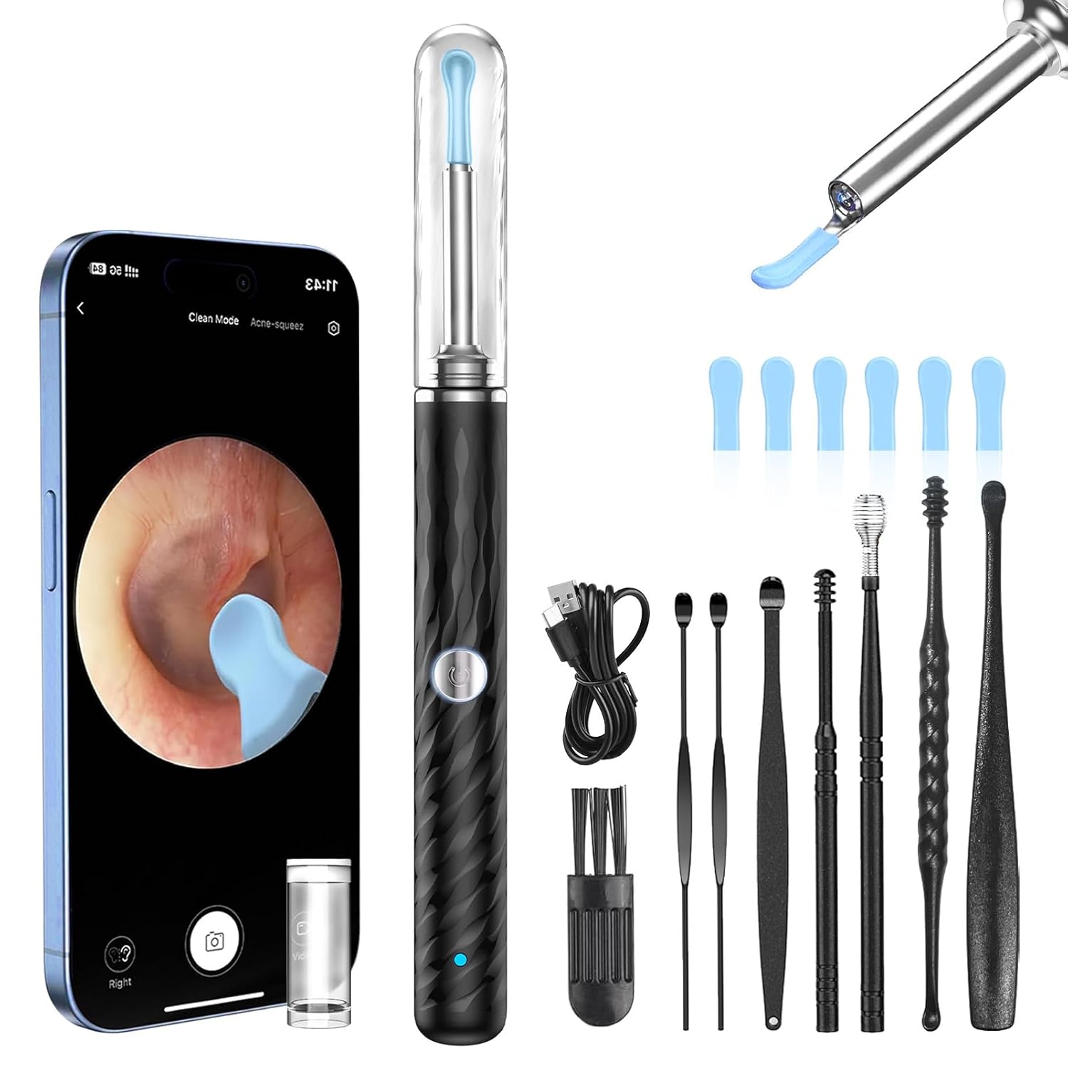 Otoscope Oreille 1080P HD IP67 Étanche Nettoyant Oreille Avec Camera Oreille Nettoyage de 3,5 mm 6 Lumières LED Outil de Nettoyage d'oreille WIFI Adapté aux Smartphones et Tablettes IOS et Android
