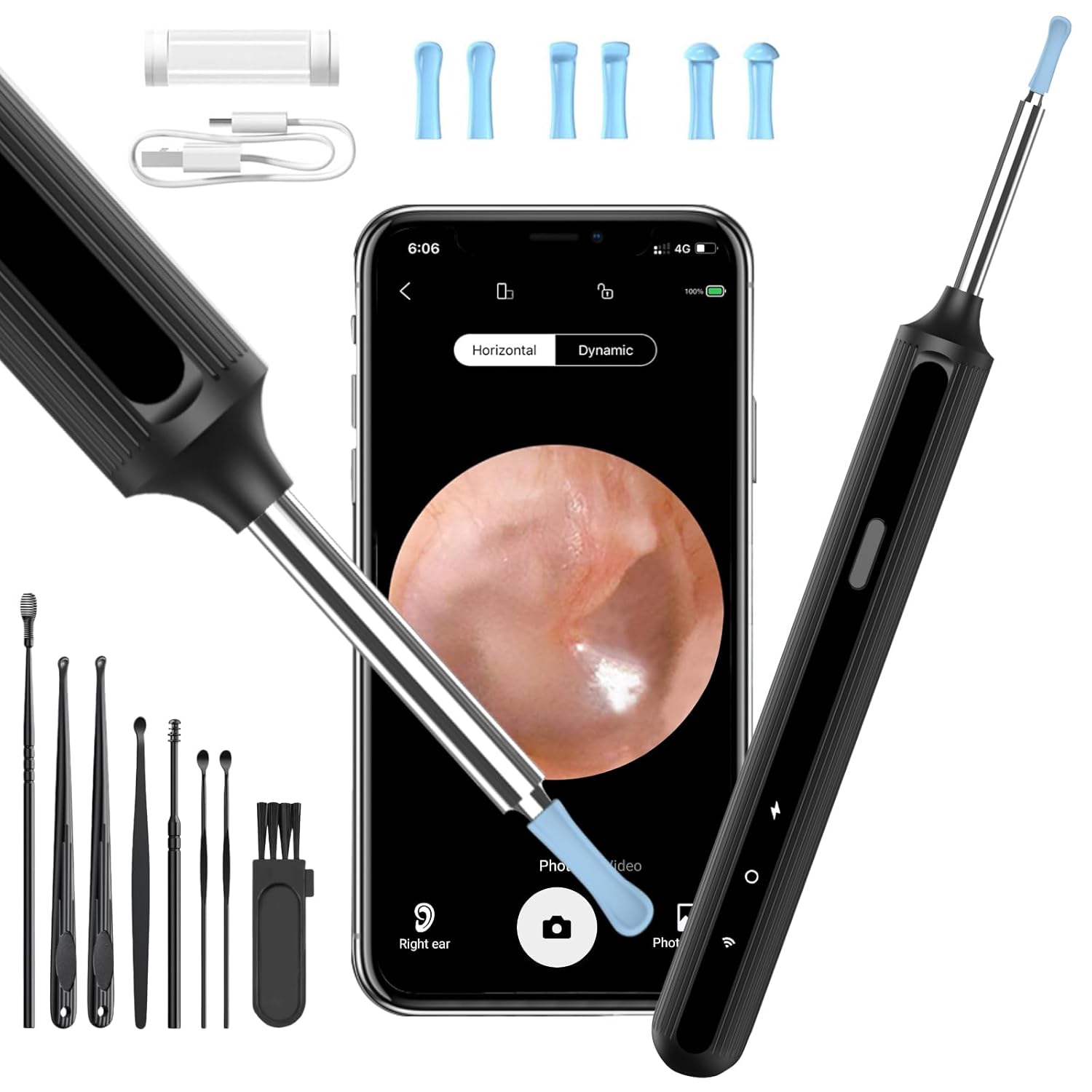 Qimic Ear Otoscope, Camera Ear, 1080P HD Earwax Removal Camera Kit with 6 LED Lights, 3.5 mm Ear Cleaning Tool, Suitable for iOS and Android Smartphones (Black)