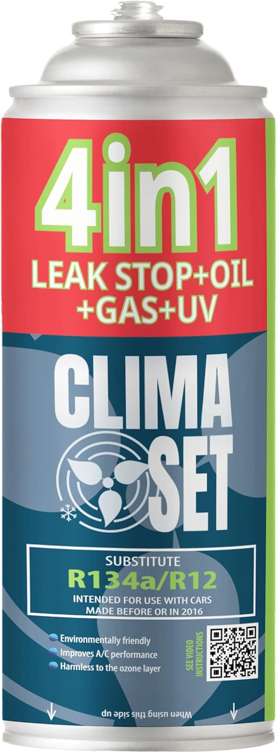 CLIMASET - KIT complet AC R134a 4 en 1, remplacement du gaz, pour voitures de 1994 à 2016 - Solution de climatisation - Ensemble complet - Produit d'étanchéité, colorant UV, réfrigérant