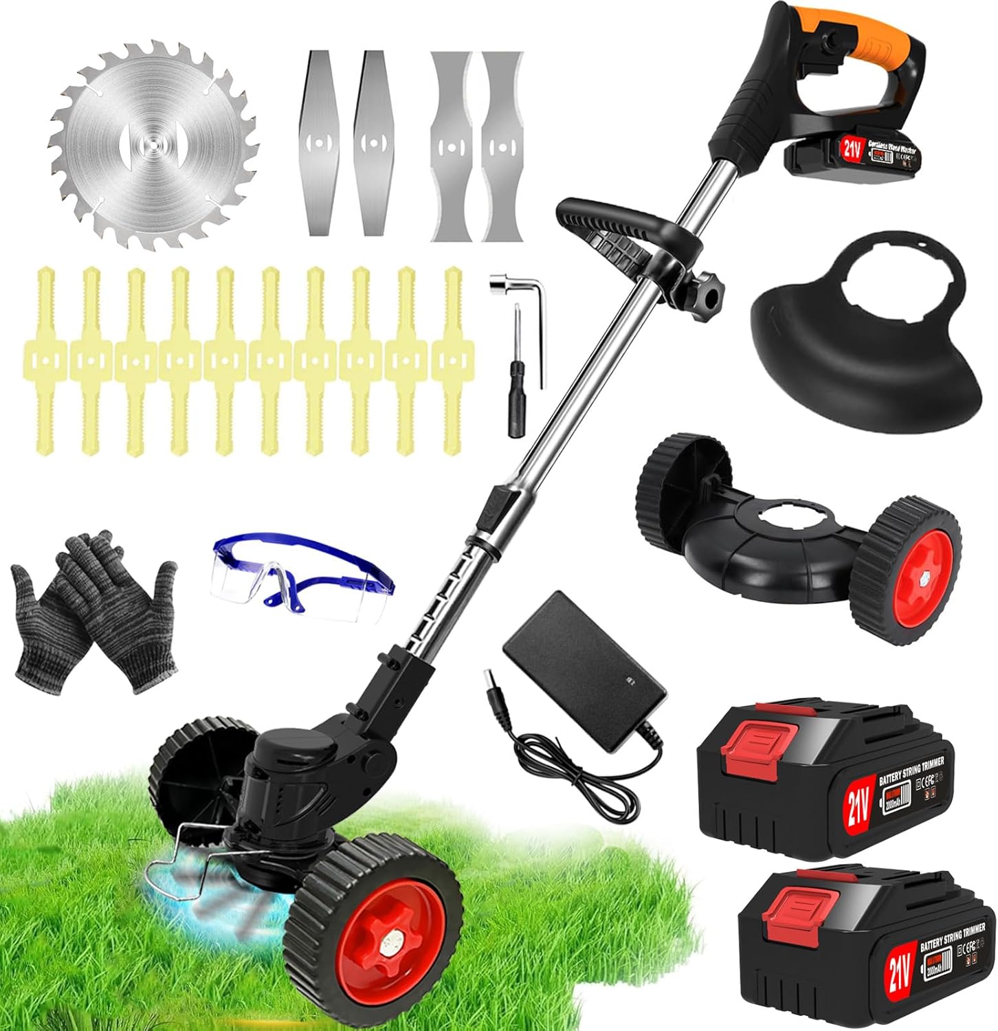 Débroussailleuse Electrique sans Fil 21V 2.0Ah Coupe Bordure avec 2 Batterie et Chargeur de Coupe Bordure avec et Roues Amovibles,Légères et à Faible Bruit,pour Jardin, Pelouse, Ferme