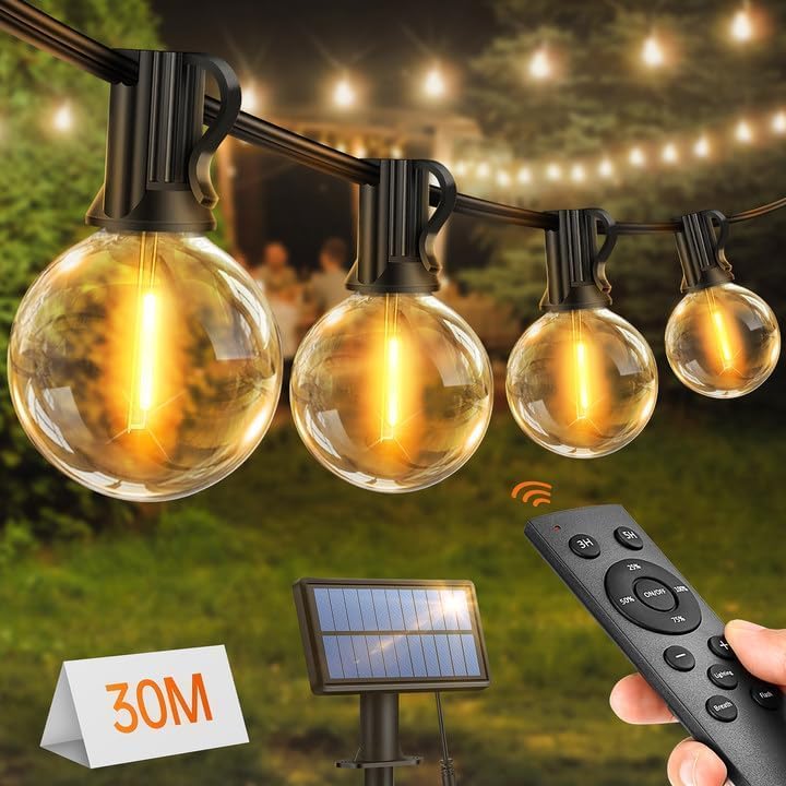 FGRYB Guirlande Lumineuse Exterieure Solaire LED - 30M Guirlande Solaire Exterieur Lumiere avec Télécommande 50 +2 Ampoules 3 Modes IP65 Étanche pour Jardin Terrasse Balcon Mariage Décoration