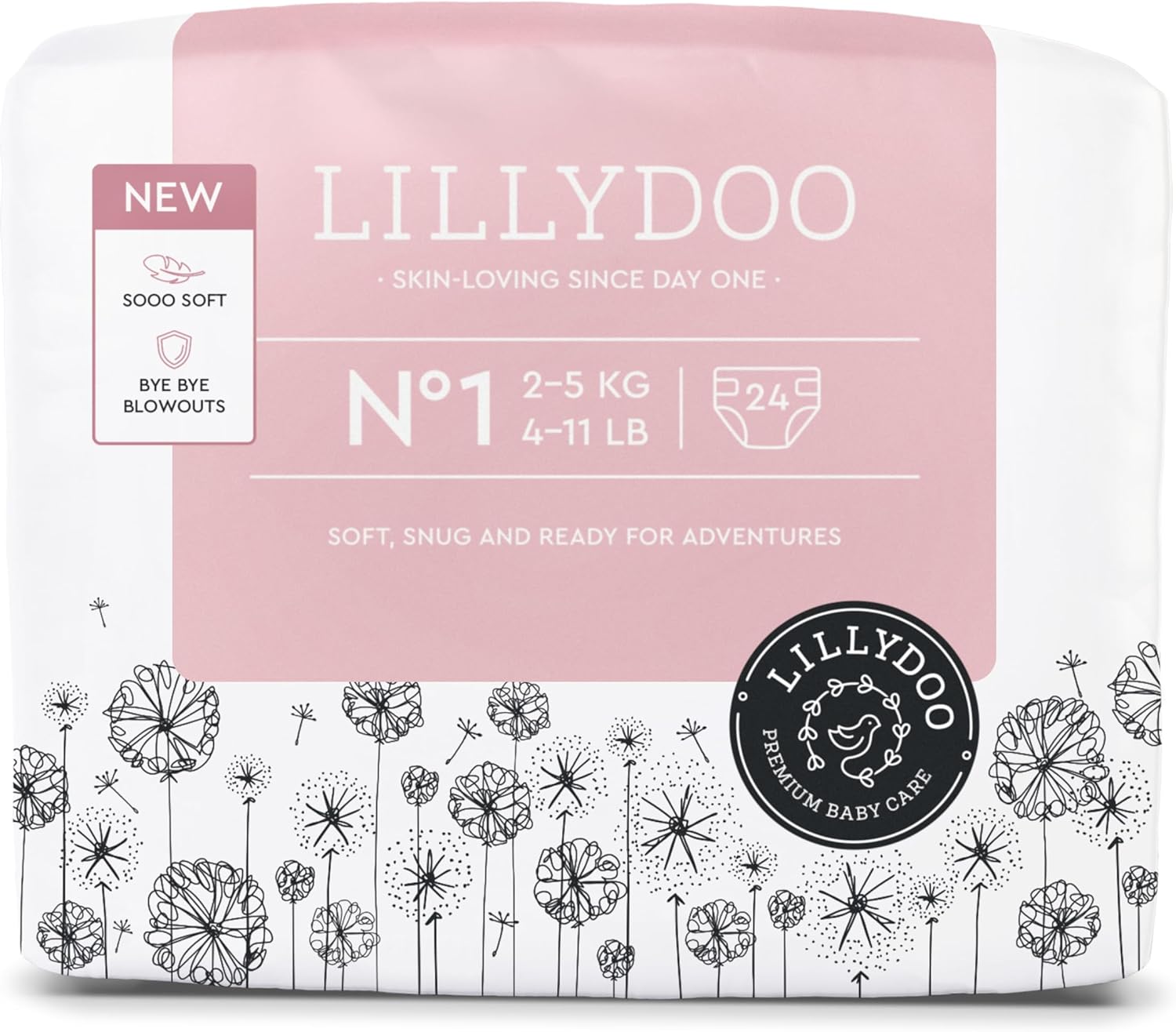 LILLYDOO - Couches Bébé Hypoallergéniques, Taille 1 (2-5 kg), 24 pièces, Ultra Douces et Absorbantes, sans Parfum et Lotion pour les peaux sensibles, Testées dermatologiquement