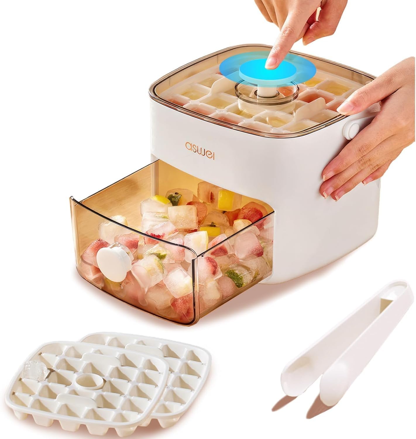 Abnaok Bac à glaçons avec couvercle et poubelle, sans BPA, moules à glaçons de qualité alimentaire, permet de faire 48 glaçons, libérer tous les glaçons en une seconde, machine à glaçons réutilisable